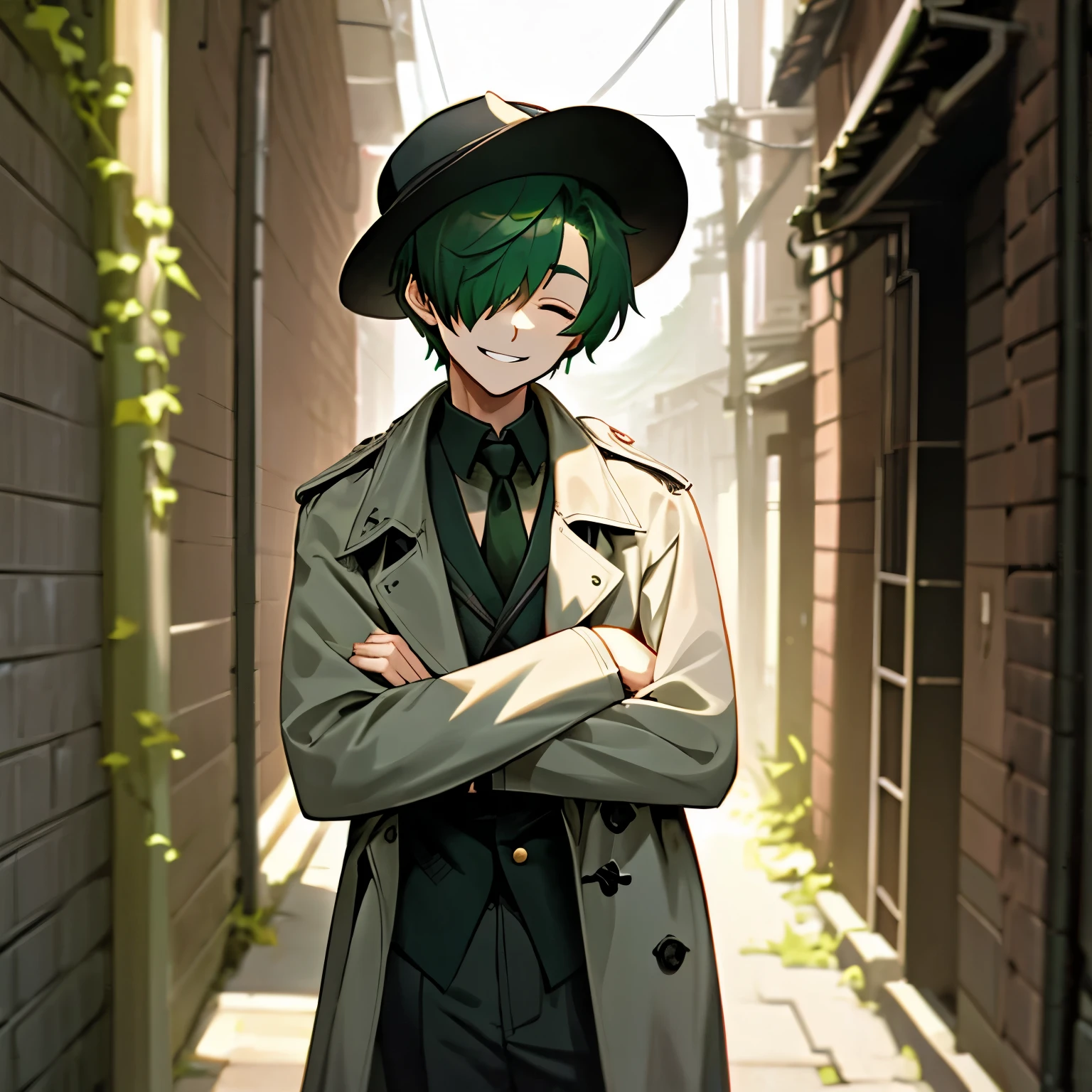 (boy), green ivy hair, short cut, side part, hair over one eye, thin eyebrows, young, expressionless, male, evil smiling, arms crossed, droopy eyes, eyes closed, solo, slim, trench coat, Fedora hat, pants, dark fantasy, cult party kei, cyberpunk, outside, on the back alley