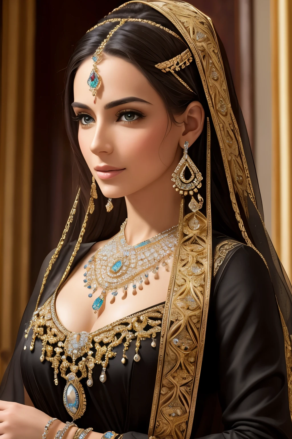 Masterpiece Photography Ultra realistic, hyper realistic, hyper details, 12k, 8k, 4k, The very beautiful woman from the Middle East has striking features, with sharp, defined features and a sculpted jawline. Her skin is olive-toned and smooth, with a golden undertone. Her hair is often dark and styled in an elaborate updo or intricate braid. She has a shapely figure and moves with grace and elegance، The woman from the Middle East wears a stunning and intricate traditional outfit, often consisting of a long, flowing gown or robe with intricate embroidery and beading.