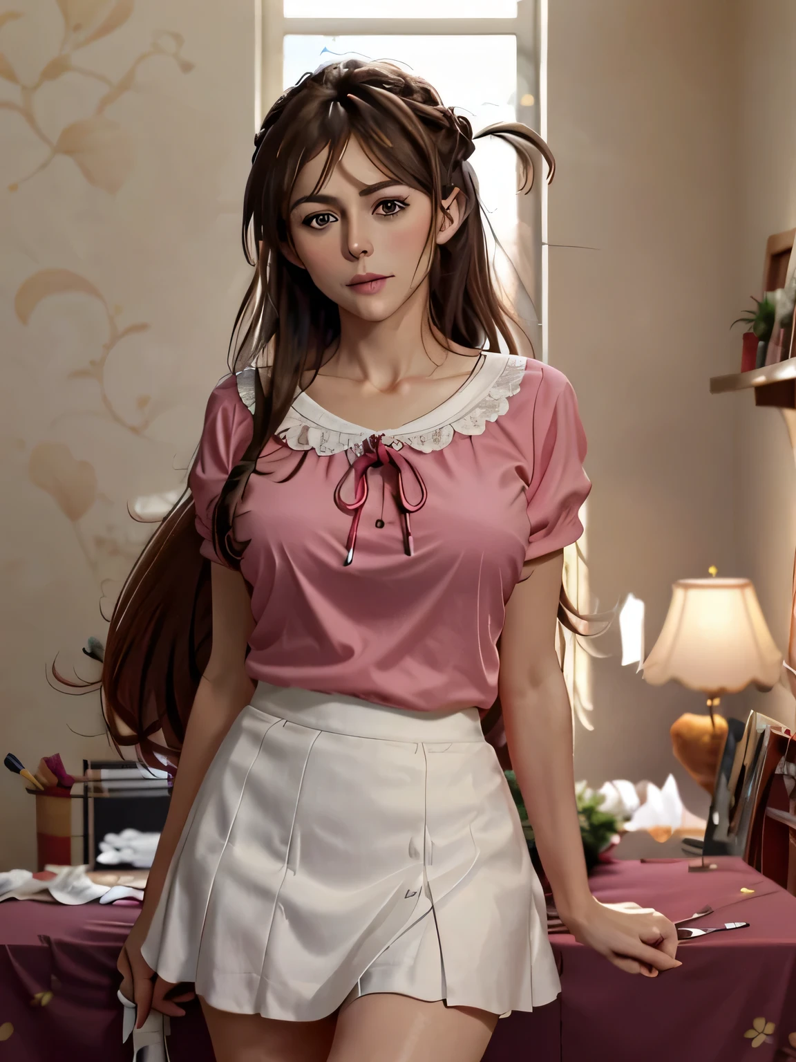 ((SFW: 1.4)), (SFW,彼女は白い刺繍の入った長いスカートをyesている, Red blouse with lace, A white apron is tied around her waist, Blue socks, Brown leather shoes.She has a blue scarf wrapped around her head. yes, Her accessories include a necklace., Earrings, bracelet. 1 girl)), Ultra-high resolution, (Realistic: 1.4), RAW Photos, highest quality, (PhotoRealistic Stick), concentrated, Soft Light, (()), ((Japanese)), (( (Young Face))), (surface), (Depth of written boundary), masterpiece, (Realistic), woman, bangs, ((1 girl)),(Big Breasts:1.3)