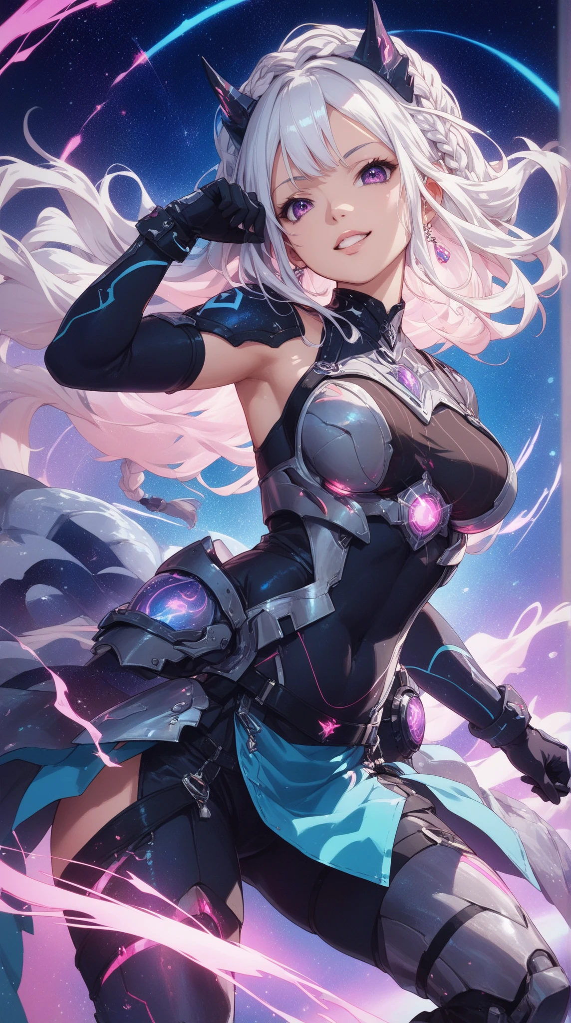 One Girl, Superhero, Knee-high boots, gloves, Medium chest, Luminous body, The light that enveloped her body, Light Particles, Space Background, floating, Cowboy Shot, Full Body Shot, superpower, Perfect Anatomy.