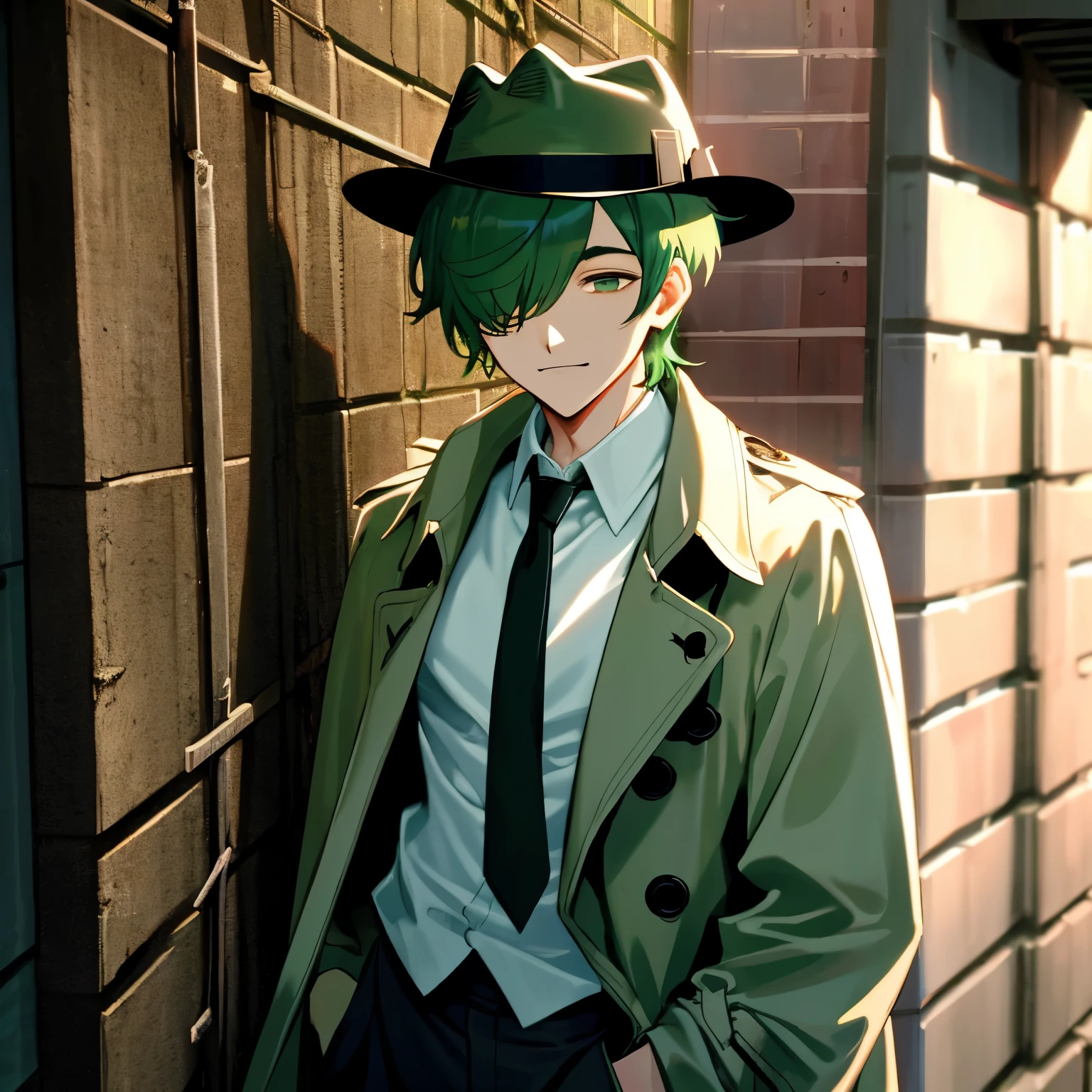  green ivy hair, short cut, side part, hair over one eye, thin eyebrows, expressionless, male, evil smiling, droopy eyes, eyes closed, solo, slim, trench coat, Fedora hat, pants, dark fantasy, cult party kei, cyberpunk, outside, on the back alley