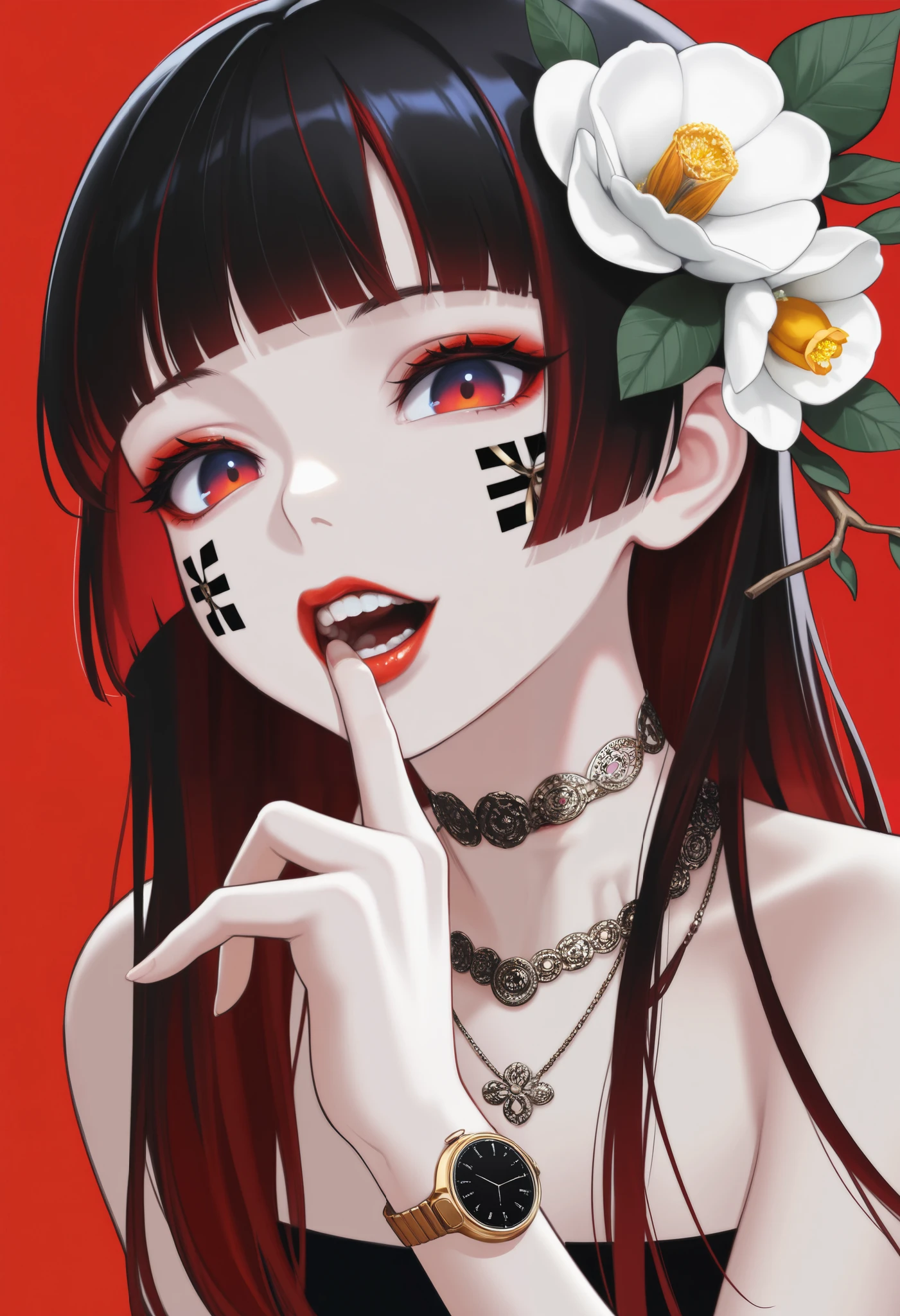   1 girl, multicolo  red eyes, Alone, flower,     jewelry,   red background  ,   long hair,   necklace,   bracelet ,   hair flower, Red Hair,  Watch viewers ,   hair accessories,    simple background,   upper body, teeth, multicoloRed Hair, blunt bangs 、 the corner of your mouth is raised only to the right、bad smile 、raise your hand, clavicle, Compensate,   choker  , fingertip ,   open my lips,   eyeshadow,   red eyes,   black hair, White Flower,   gradient eyes  , Camellia,  bare shoulders, branch,   put your finger in your mouth, Facial Pattern, leaf                                                                                                                   
 ,Masterpiece,  Top Quality  ,Latest,
