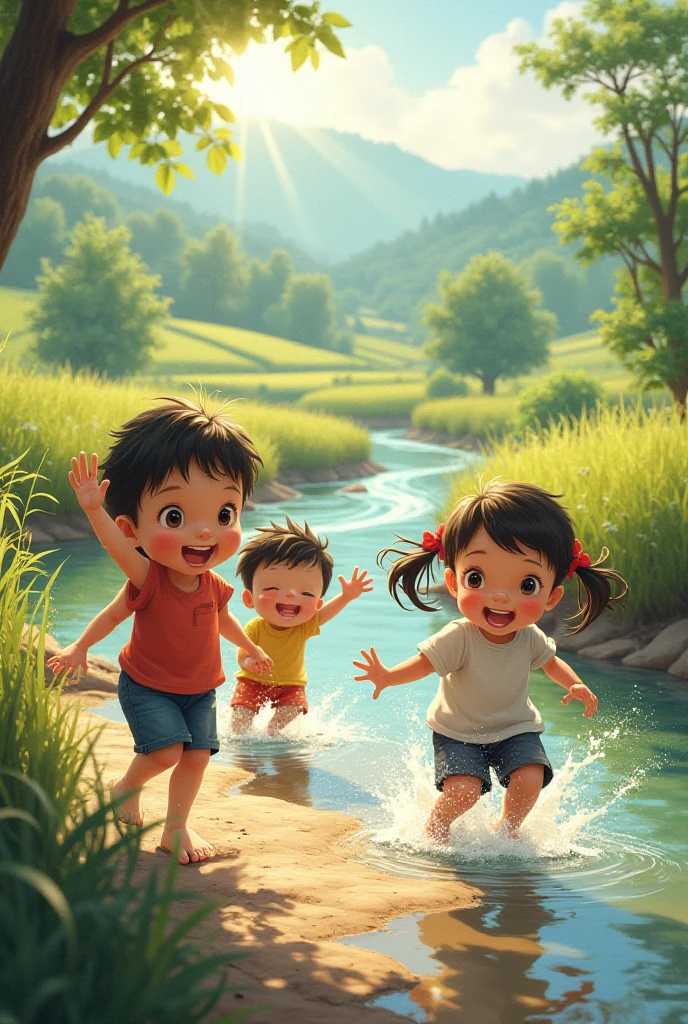 Children Playing by the River**
"In a 3D animation, cartoon style, depict a peaceful scene by a flowing river near the village. Children are playing happily by the water's edge, throwing stones and chasing butterflies. The background features lush greenery and distant views of the village with a mystical atmosphere, hinting at the presence of fairies, though none are visible."