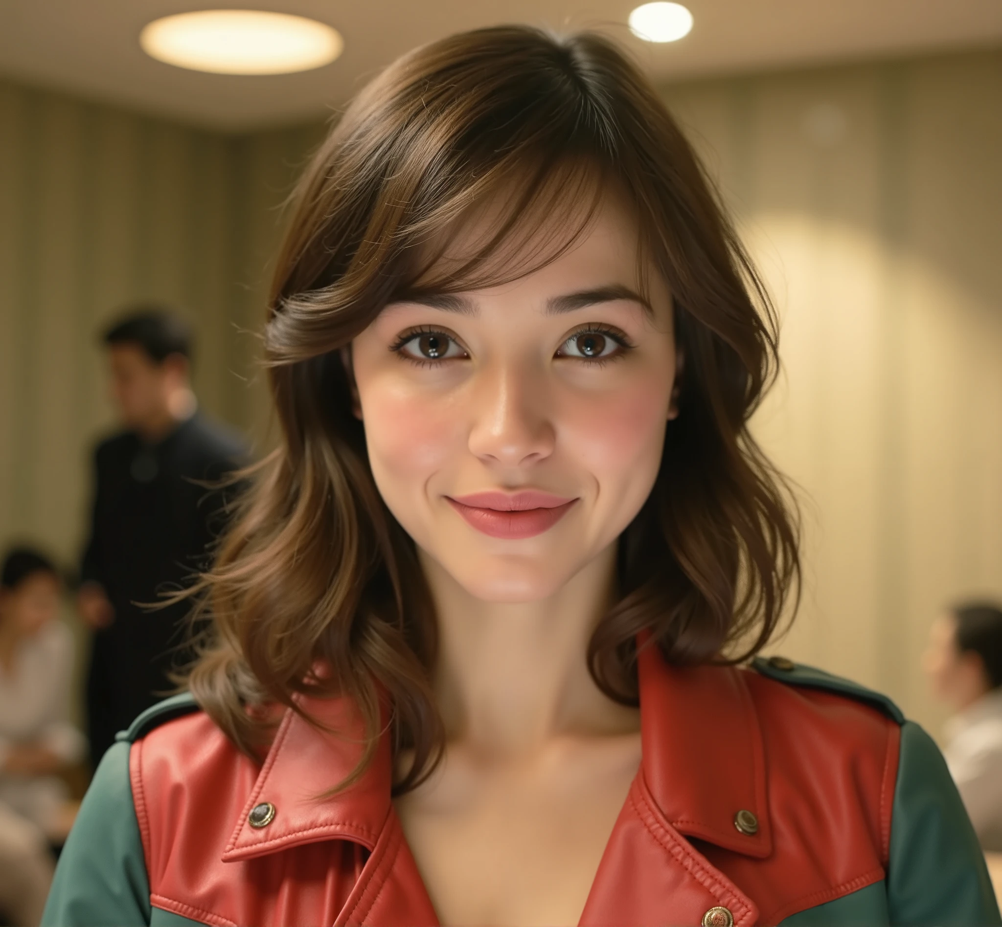 a young woman with brown hair, wearing a red jacket, 20 years old, realistic portrait, attractive girl, european girlfriend, russian girlfriend, cute face, bangs, detailed facial features, beautiful eyes, anastasia cebulska, dasha taran, Angelina Danilova, high quality, photorealistic, cinematic lighting, detailed skin, intricate hairstyle, warm color tones, portrait, 90's