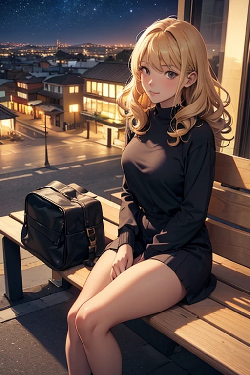   Young blonde woman sitting on a bench in the city center ,  Next to another dark-skinned young woman with curly hair ,  starry sky , ,wooden bench   (( detailed)) (( first job )) (( vivid colors )) ((angle seen from above))