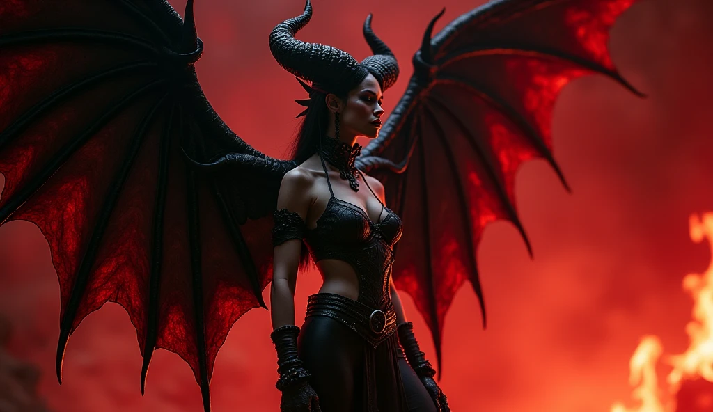 In this masterpiece, a stunning (sexy succubus warrior girl) stands at the center of the frame, radiating an aura of mystique and beauty. The ultra-detailed 4K image presents her in front of the ominous (gates of hell) (with a vortex of black mana), surrounded by the fiery crater of an erupting volcano. The volumetric lighting casts a warm glow on her porcelain skin, accentuating the intricate details of her (sexy demonic armor). Her straight black hair are beautiful, framing her charming smile and captivating cleavage. The spellbinding atmosphere is punctuated by (thunderstorms and flashes of red lightning) in the surreal dark sky, as if the very heavens are conjuring her presence. The composition masterfully balances depth and complexity, drawing the viewer's gaze to the perfect body, with its flawless anatomy and tantalizing pose. (Charming smile), (beautiful huge tits), (small black horns), (sexy black Armor), She has (2 large wings:1.5) on her upper back. (2 tall black wings:1.3). (2 tall symmetrical wings:1.3). (Photorealistic), (Dark thème). (French girl). (Beautiful navel). (Large Sword of flames)