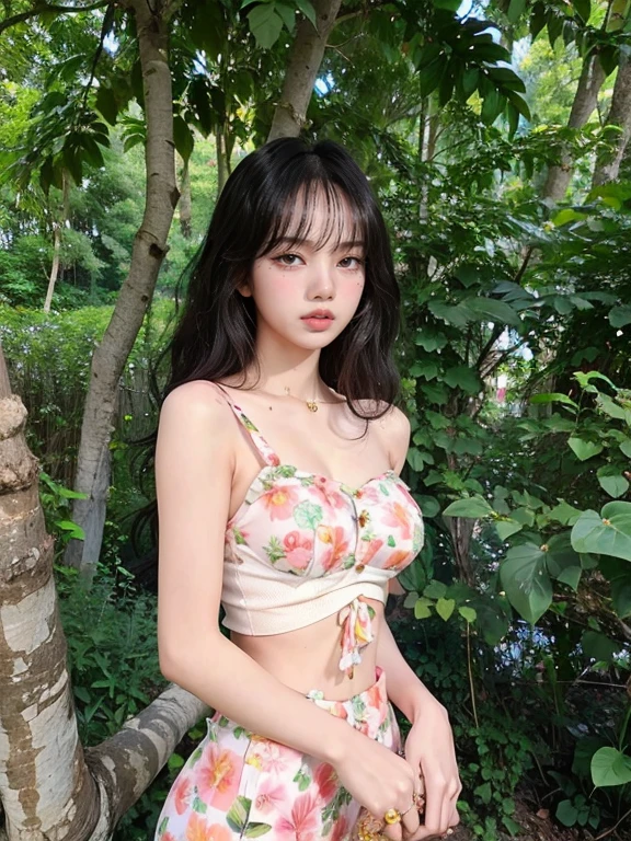 black Pink lisa, almond-shaped eyes, full lips, large and voluptuous breasts . flirtatious look. without bangs