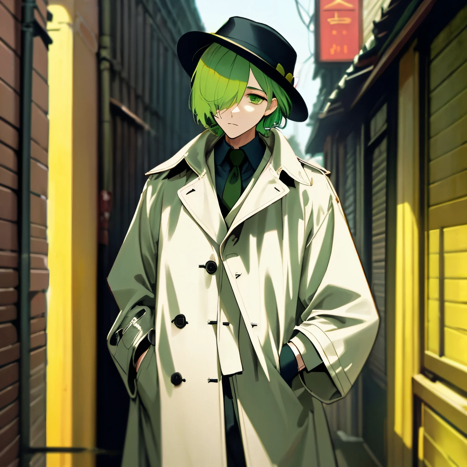  green ivy hair, short cut, green eyes, side part, hair over one eye, thin eyebrows, expressionless, male, droopy eyes, solo, slim, trench coat, Fedora hat, pants, dark fantasy, cult party kei, cyberpunk, outside, on the back alley