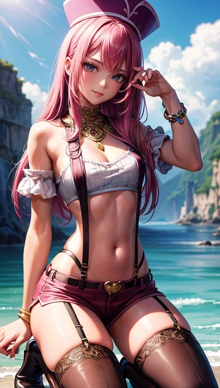 (Masterpiece, Best Quality:1.2), Cowboy shot, 独奏, 1girl, Neapolitan, Smile, closed mouth, looking a viewer, Heterochromia, Brown eyes, pink eyes, Average Breasts, leotard, pants, wide thighs, belt, big butt, Erotica