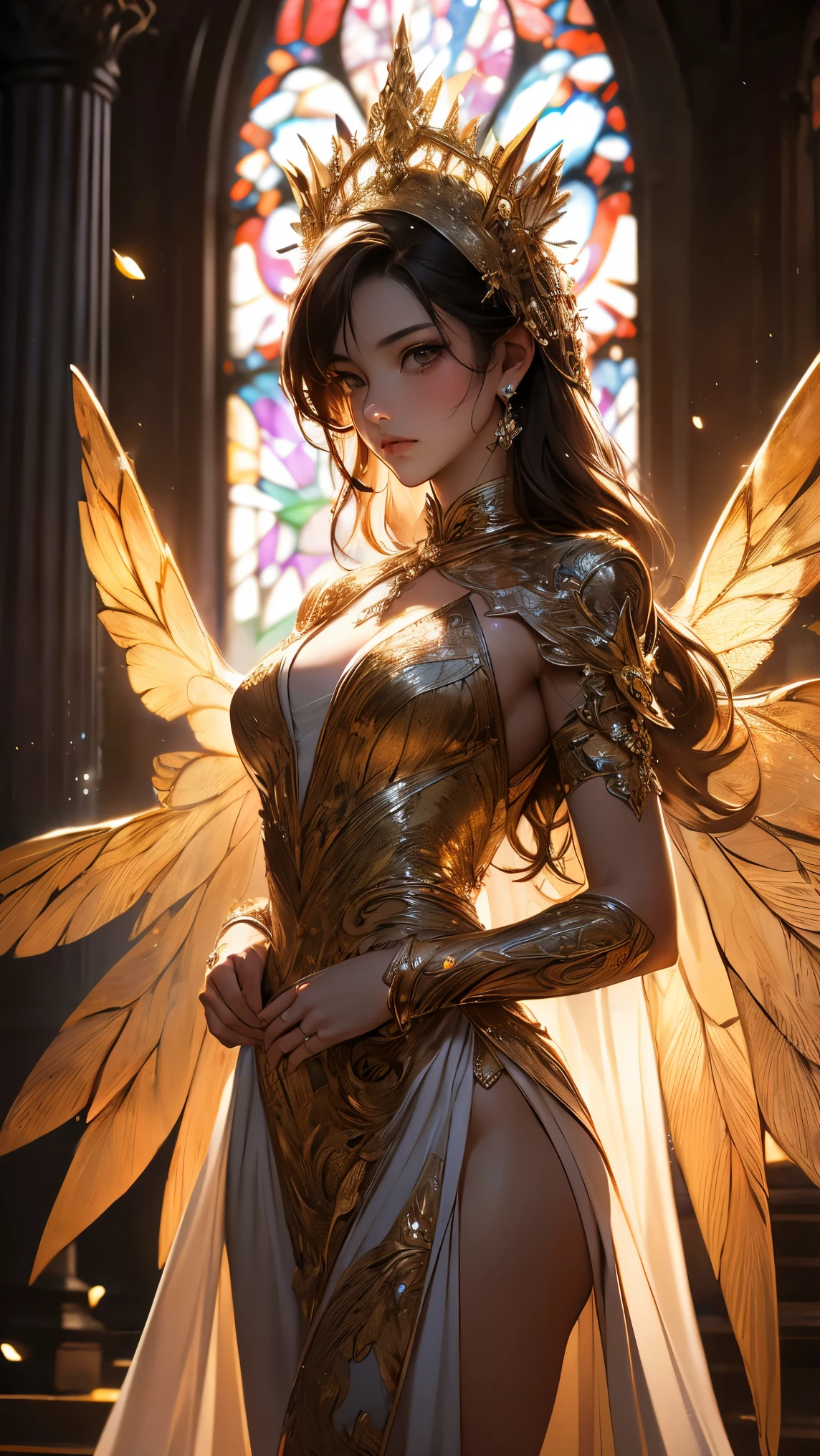 (( best quality )),( ultra high definition),( more details),( detailed explanation ),(( best CG )),( BEST WORK OF ART ), Ultra Precision Art, amazing painting art,(Exquisite art:1.5), woman, With glitter, Stained Glass Wings