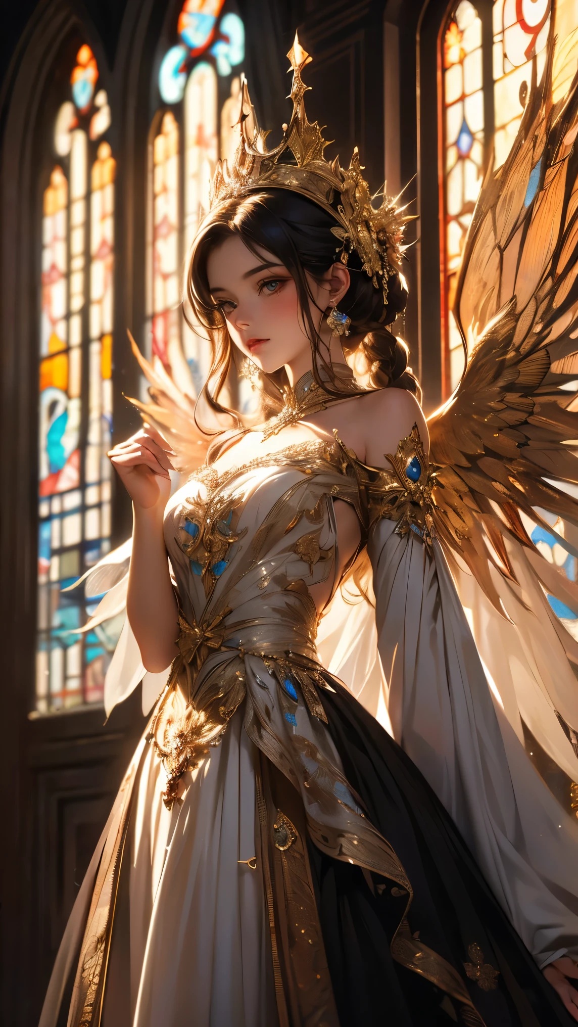(( best quality )),( ultra high definition),( more details),( detailed explanation ),(( best CG )),( BEST WORK OF ART ), Ultra Precision Art, amazing painting art,(Exquisite art:1.5), woman,  With glitter, Stained Glass Wings 
