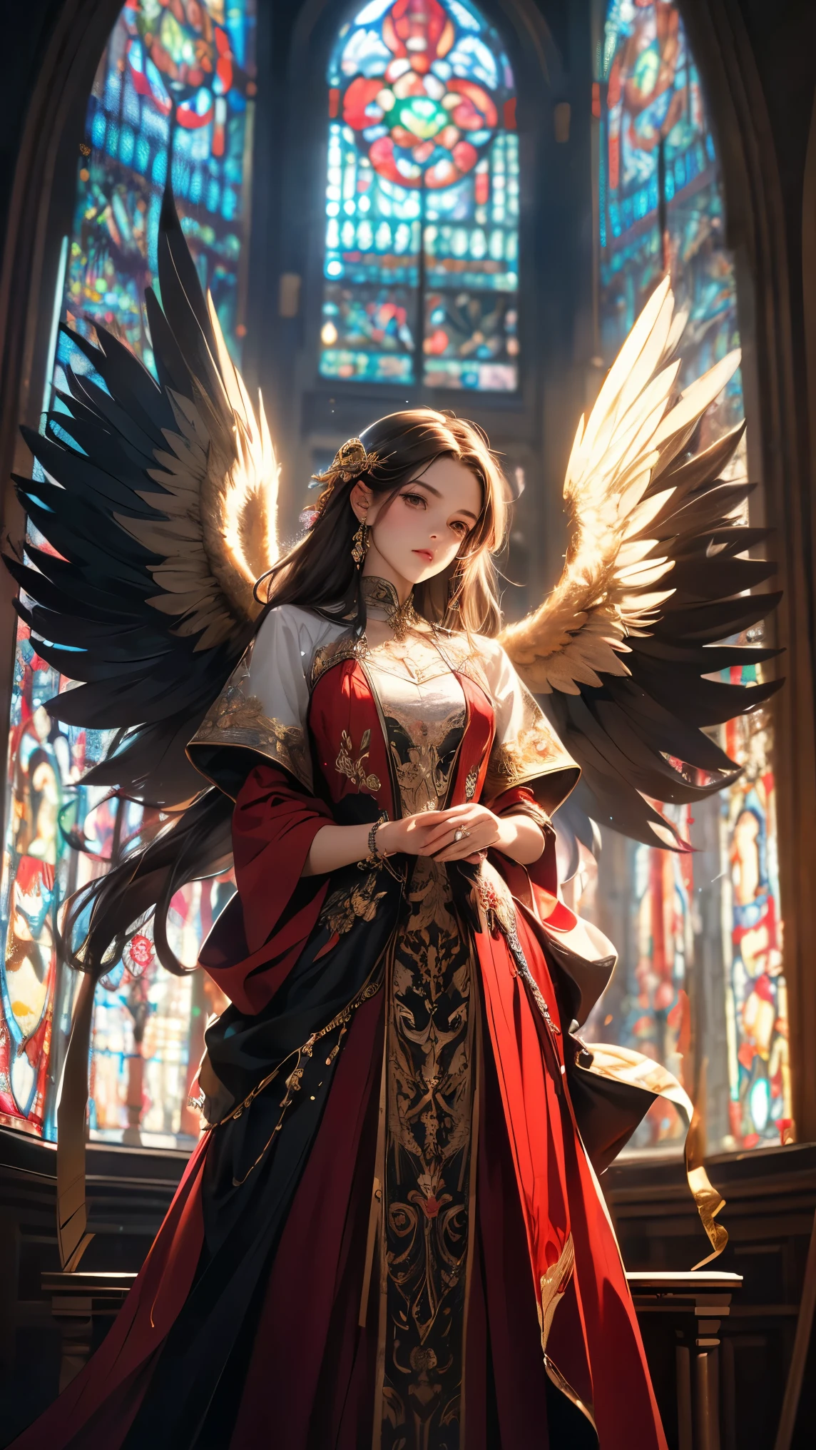 (( best quality )),( ultra high definition),( more details),( detailed explanation ),(( best CG )),( BEST WORK OF ART ), Ultra Precision Art, amazing painting art,(Exquisite art:1.5), woman,  With glitter, Stained Glass Wings 