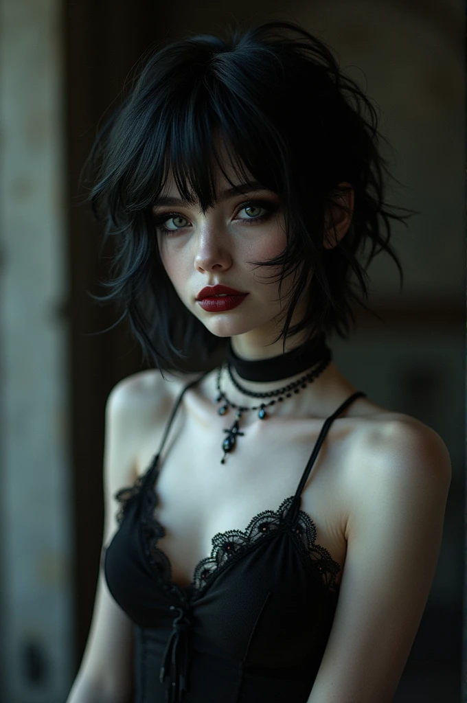 (best quality, highres:1.2), ultra-detailed, realistic:1.37, gothic girl with beautiful detailed eyes and lips, dynamic pose, wearing red and black gothic fashion, in a gothic scenery, with vivid colors, dramatic lighting, HDR, studio lighting, bokeh, capturing the essence of gothic fashion, exquisite details on the fabric, sharp focus on the intricate patterns, evoking a sense of dark romanticism, high-definition resolution. ojos altamente detallados y hermosos.