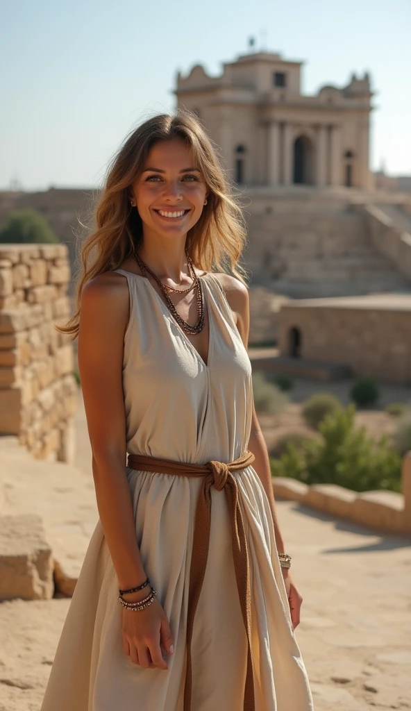 (medium full shot) of (chic young woman from the ancient roman era), african, dark skin, brown eyes, petite build, long brown dreadlocks hair, wearing a silver long tunic with decorative borders, toga with embroidered patterns, strappy sandals, signet ring, carrying a bronze mirror, set in ancient rome, a historic Palatine Hill, once the residence of emperors, featuring remnants of grand palaces, sprawling gardens, and sweeping vistas, woman smiling, ,Masterpiece,best quality, photo, realistic, very aesthetic, detailed face,