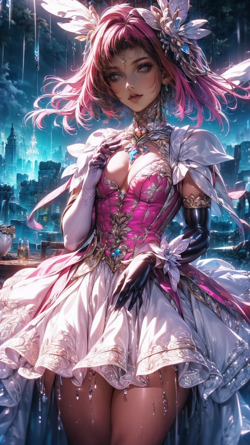 À la Fed image of woman with pink hair and pink dress, Salmon Pink Straight Hair, white hime cut hairstyle, anime girl in real life, Beautiful pink hair girl, Cute girl with pink hair, Straight salmon pink hair, With pink hair, with white long hair, Flowing pink hair, with long white hair, Long flowing pink hair, belle delphine，amaranth，Against the backdrop of the world's most famous scenery，Seductive chest，Cleavage small breasts