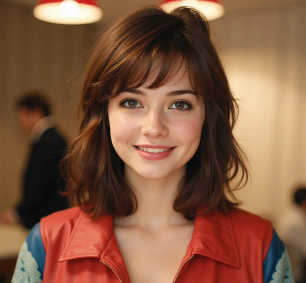 a young woman with brown hair, wearing a red jacket, 20 years old, realistic portrait, attractive girl, european girlfriend, russian girlfriend, cute face, bangs, detailed facial features, beautiful eyes, light brown eyes, anastasia cebulska, dasha taran, Angelina Danilova, high quality, photorealistic, cinematic lighting, detailed skin, intricate hairstyle, warm color tones, portrait, 90's