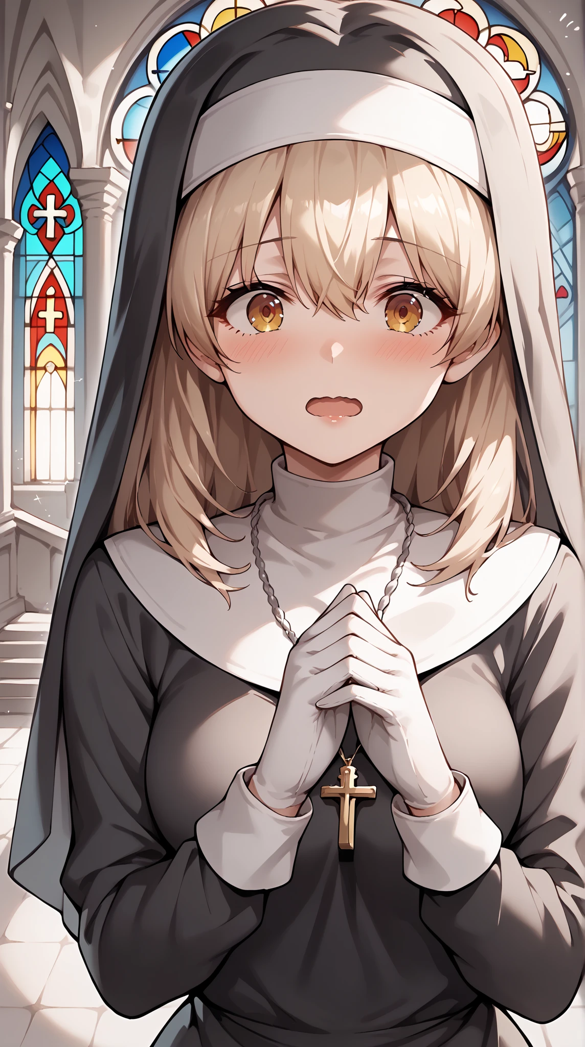 Anime-style character, source_anime, ((high_quality)), ((Super_Detailed)), backlighting, light rays, 1girl, adult woman, beautiful, best perfect anatomy, nun (black nun habit, cross necklace, white glove), long hair, sidelocks, grey hair, looking a view, medium Up, Single Shot, Shooting from the person, from above, inverted triangle figure, anime girl with surprised look, nervous, shy, blushing, scary pose, open mouth, wavy mouth, (background : stained glass, church, arch, medieval styles),