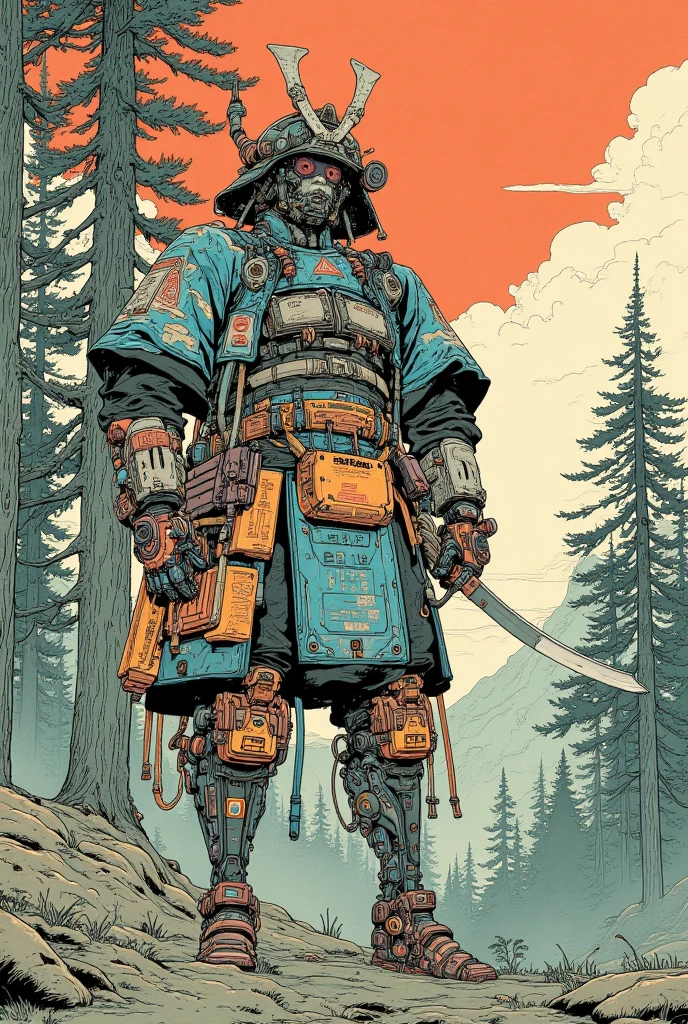 There is a picture of a cyberpunk samurai ,   this is a picture with super fine details inspired by Utagawa Kuniyoshi,  ukiyo-e, niches  art aesthetic, Shiro Masamune style ,  Biomechanical Details ,  Hyper Detailed Illustration ,  a mixture of anime samurai and cyberpunk organic matter ,  detailed steampunk illustration, niches ,  detailed cyberpunk samurai animated illustration ,pine tree,Woodland