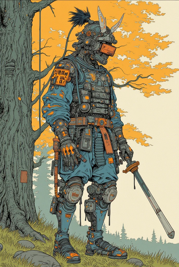 There is a picture of a cyberpunk samurai ,   this is a picture with super fine details inspired by Utagawa Kuniyoshi,  Ukiyo-e, Nichos  art aesthetic, Shiro Masamune style ,  Biomechanical Details ,  Hyper Detailed Illustration ,  a mixture of anime samurai and cyberpunk organic matter ,  detailed steampunk illustration, Nichos ,  detailed cyberpunk samurai animated illustration ,松の木