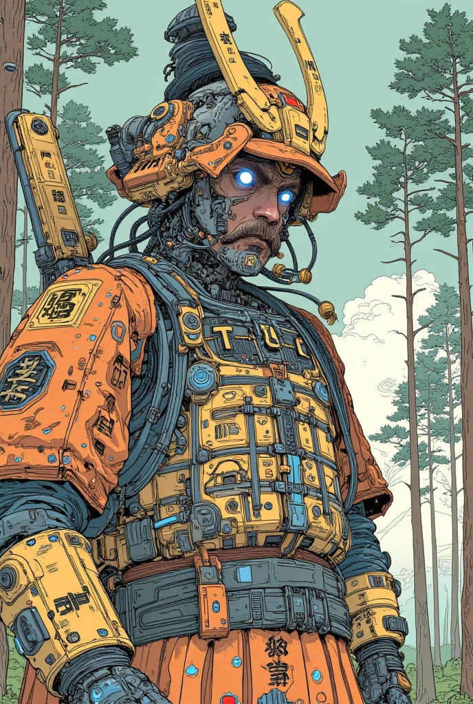 There is a picture of a cyberpunk samurai ,   this is a picture with super fine details inspired by Utagawa Kuniyoshi,  ukiyo-e, niches  art aesthetic, Shiro Masamune style ,  Biomechanical Details ,  Hyper Detailed Illustration ,  a mixture of anime samurai and cyberpunk organic matter ,  detailed steampunk illustration, niches ,  detailed cyberpunk samurai animated illustration ,pine tree,Woodland