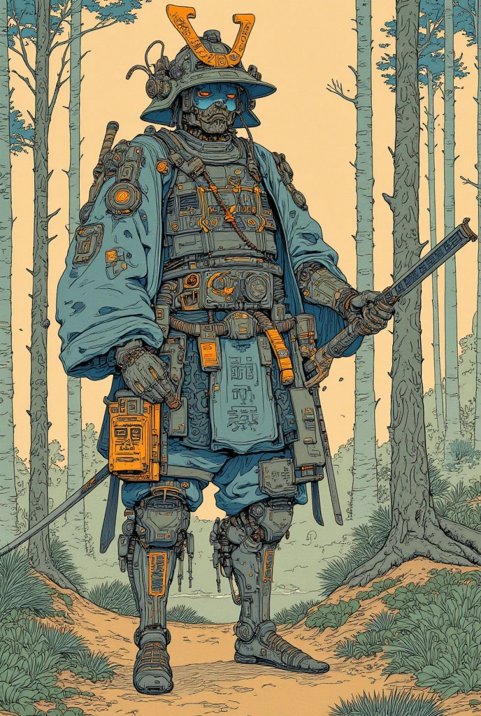 There is a picture of a cyberpunk samurai ,   this is a picture with super fine details inspired by Utagawa Kuniyoshi,  ukiyo-e, niches  art aesthetic, Shiro Masamune style ,  Biomechanical Details ,  Hyper Detailed Illustration ,  a mixture of anime samurai and cyberpunk organic matter ,  detailed steampunk illustration, niches ,  detailed cyberpunk samurai animated illustration ,pine tree,Woodland