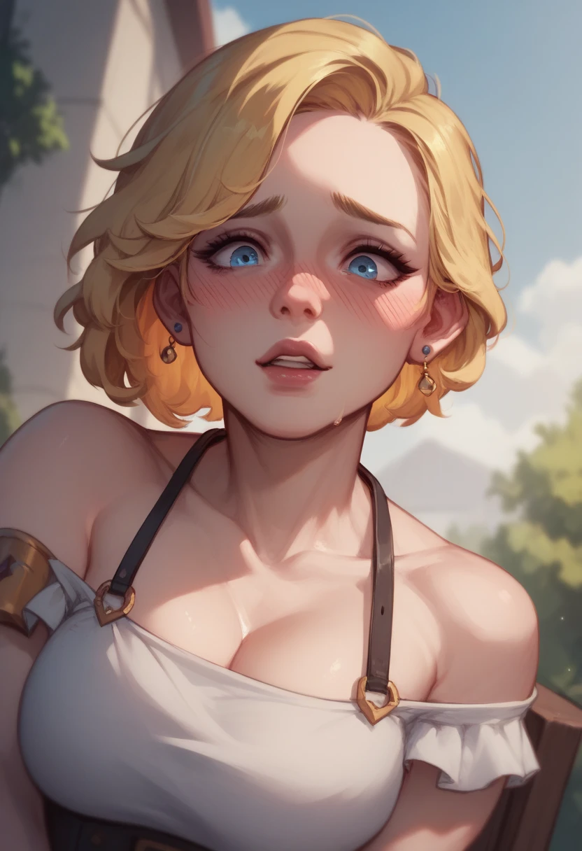 Female Giant,(full body),rolling eyes,NUDE,blush,big tips,cross-eyed,busty,nsfw,outdoor,annie, blue eyes, Blonde, Spiky Hair, (Ahegao), (Roll your eyes), Mischievous face, blush, Open your mouth, Sticking out tongue, saliva