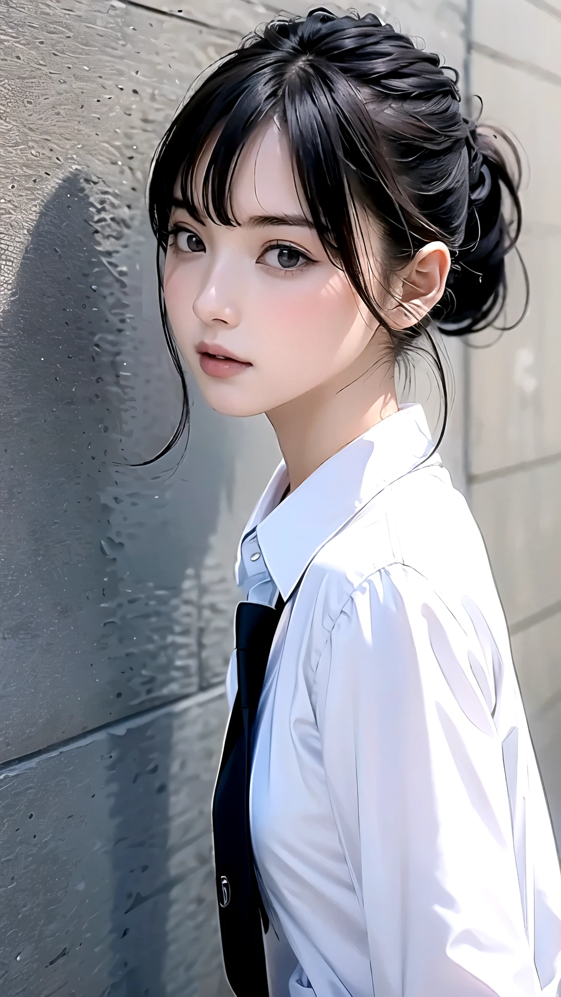 paint, from the side 1 girl ,Alone, sunlight,  collared shirt ,  upper body,