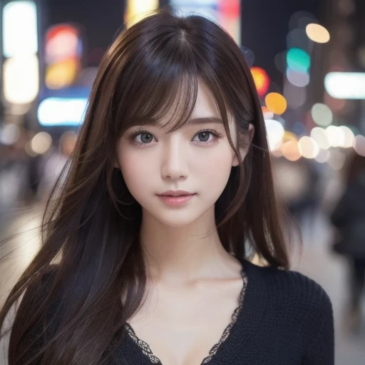 ​masterpiece、 tell me about 1 beautiful girl、 detailed eyes、Swollen eyes、 best quality , 超A high definition, (Realism: 1.4), cinematlic lighting、 Japanese 、 Asian Beauties、 super beauty、 Beautiful skin、Slender、Body facing forward、( super realistic)、( high definition)、(8k)、( very detailed)、( beautiful eyes with attention to detail )、( super detailed )、 (wall-)、 detailed face 、 bright lighting on the streets of New York、 Professional Lighting、 viewers、 facing forward、( costume is a knitted dress )、 long hair,  hair is disheveled,   asymmetrical bangs that grab the chest, 、 Night Scene、 brown hair、Japan is an idol、 Korean idol、 hposing gravure idol、、、 is tall, smile, Park view、