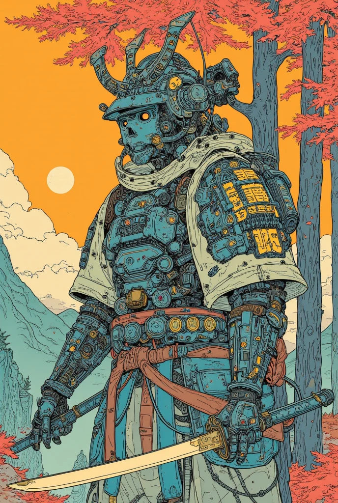 There is a picture of a cyberpunk samurai ,   this is a picture with super fine details inspired by Utagawa Kuniyoshi,  Ukiyo-e, Nichos  art aesthetic, Shiro Masamune style ,  Biomechanical Details ,  Hyper Detailed Illustration ,  a mixture of anime samurai and cyberpunk organic matter ,  detailed steampunk illustration, Nichos ,  detailed cyberpunk samurai animated illustration ,松の木