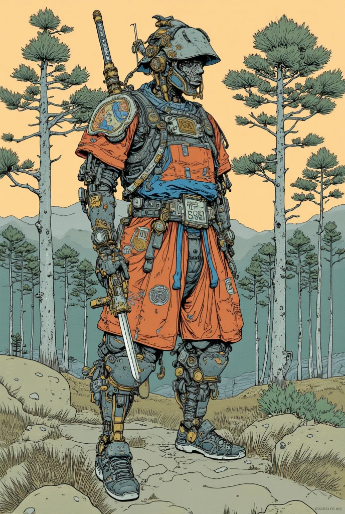 There is a picture of a cyberpunk samurai ,   this is a picture with super fine details inspired by Utagawa Kuniyoshi,  Ukiyo-e, Nichos  art aesthetic, Shiro Masamune style ,  Biomechanical Details ,  Hyper Detailed Illustration ,  a mixture of anime samurai and cyberpunk organic matter ,  detailed steampunk illustration, Nichos ,  detailed cyberpunk samurai animated illustration ,松の木