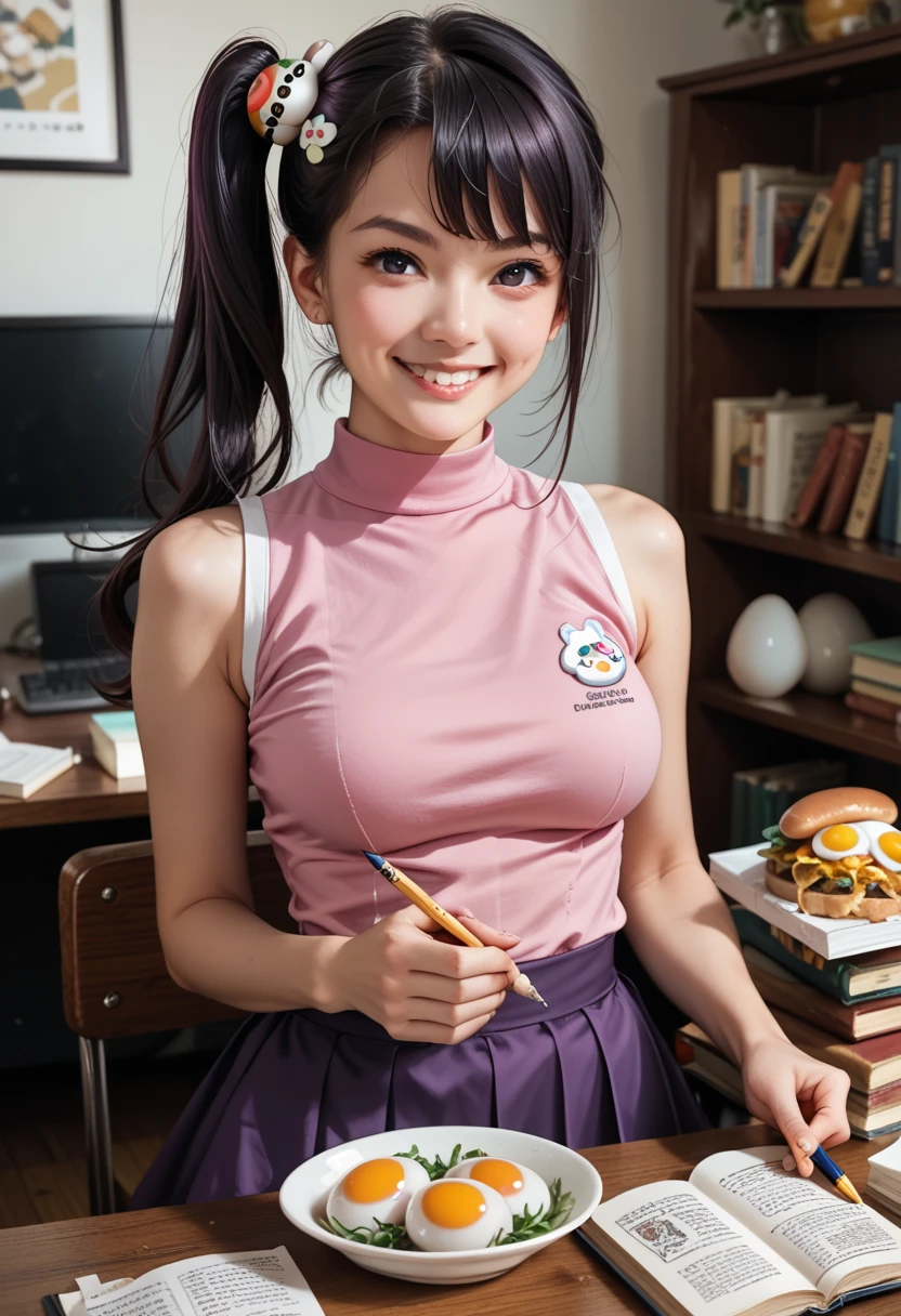 masterpiece, 1girl, medium breasts, solo, araragi karen, hair ornament, egg hair ornament, side ponytail, black hair, food-themed hair ornament, fried egg, looking at viewer, egg (food), long hair, (black eyes:1.1), purple skirt, sleeveless, pink shirt, homework, books, holding pencil, smirk
