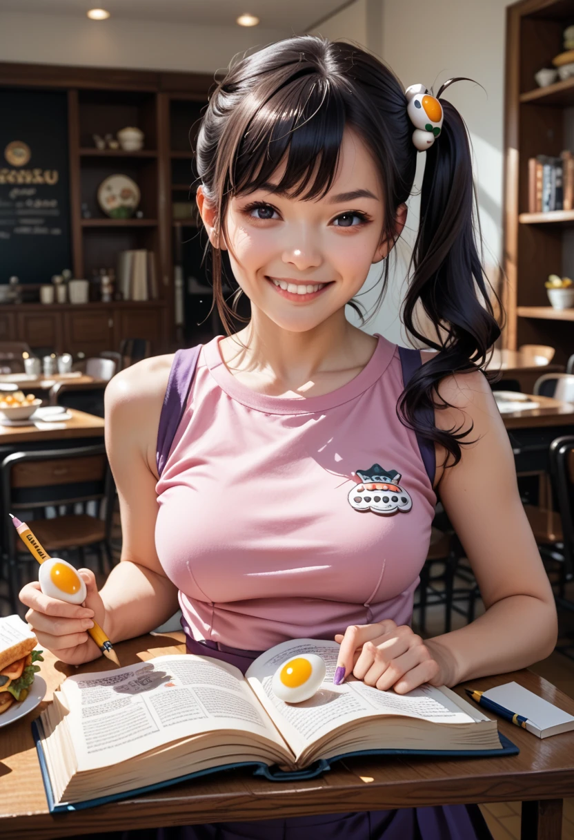 masterpiece, 1girl, medium breasts, solo, araragi karen, hair ornament, egg hair ornament, side ponytail, black hair, food-themed hair ornament, fried egg, looking at viewer, egg (food), long hair, (black eyes:1.1), purple skirt, sleeveless, pink shirt, homework, books, holding pencil, smirk
