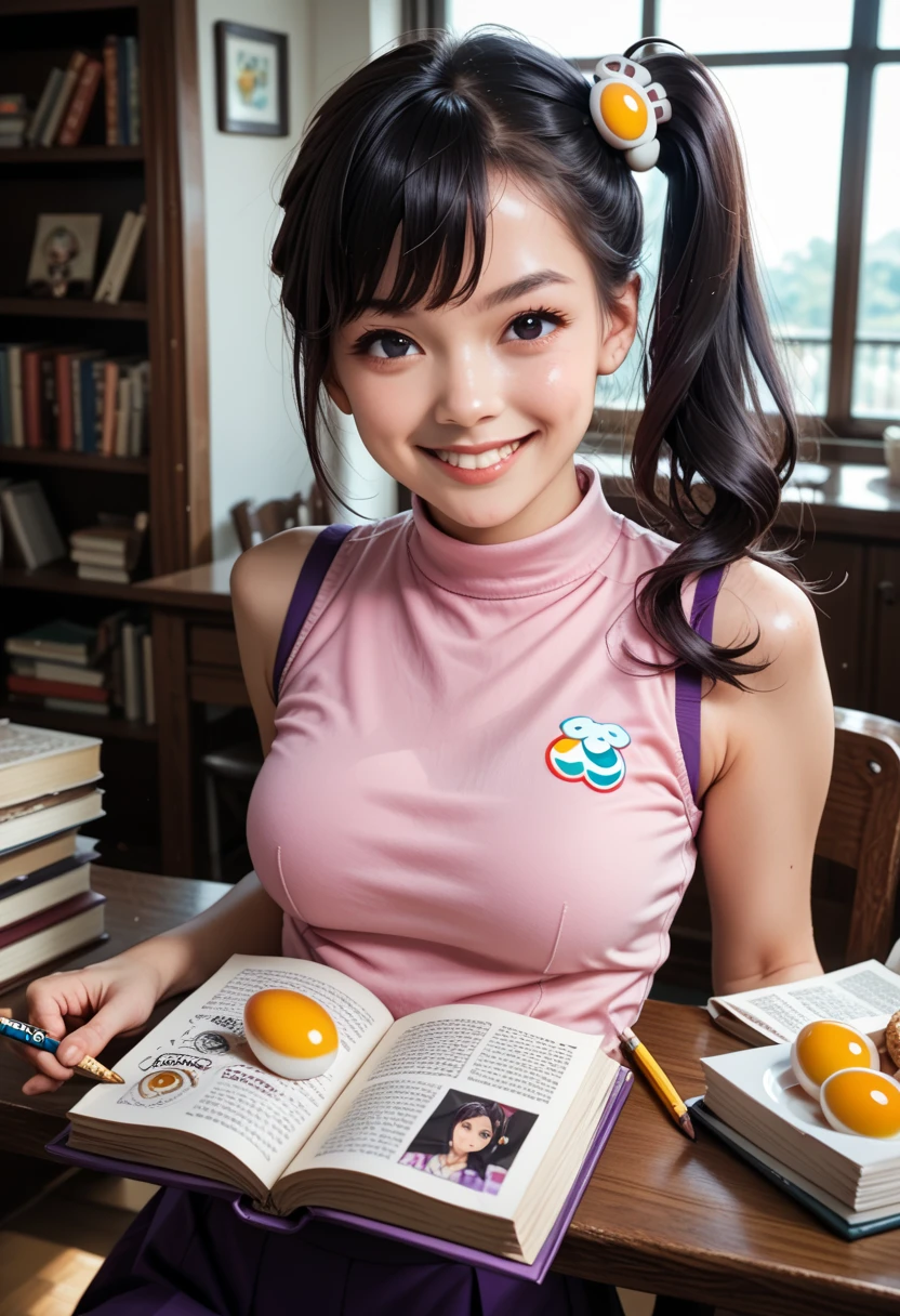 masterpiece, 1girl, medium breasts, solo, araragi karen, hair ornament, egg hair ornament, side ponytail, black hair, food-themed hair ornament, fried egg, looking at viewer, egg (food), long hair, (black eyes:1.1), purple skirt, sleeveless, pink shirt, homework, books, holding pencil, smirk
