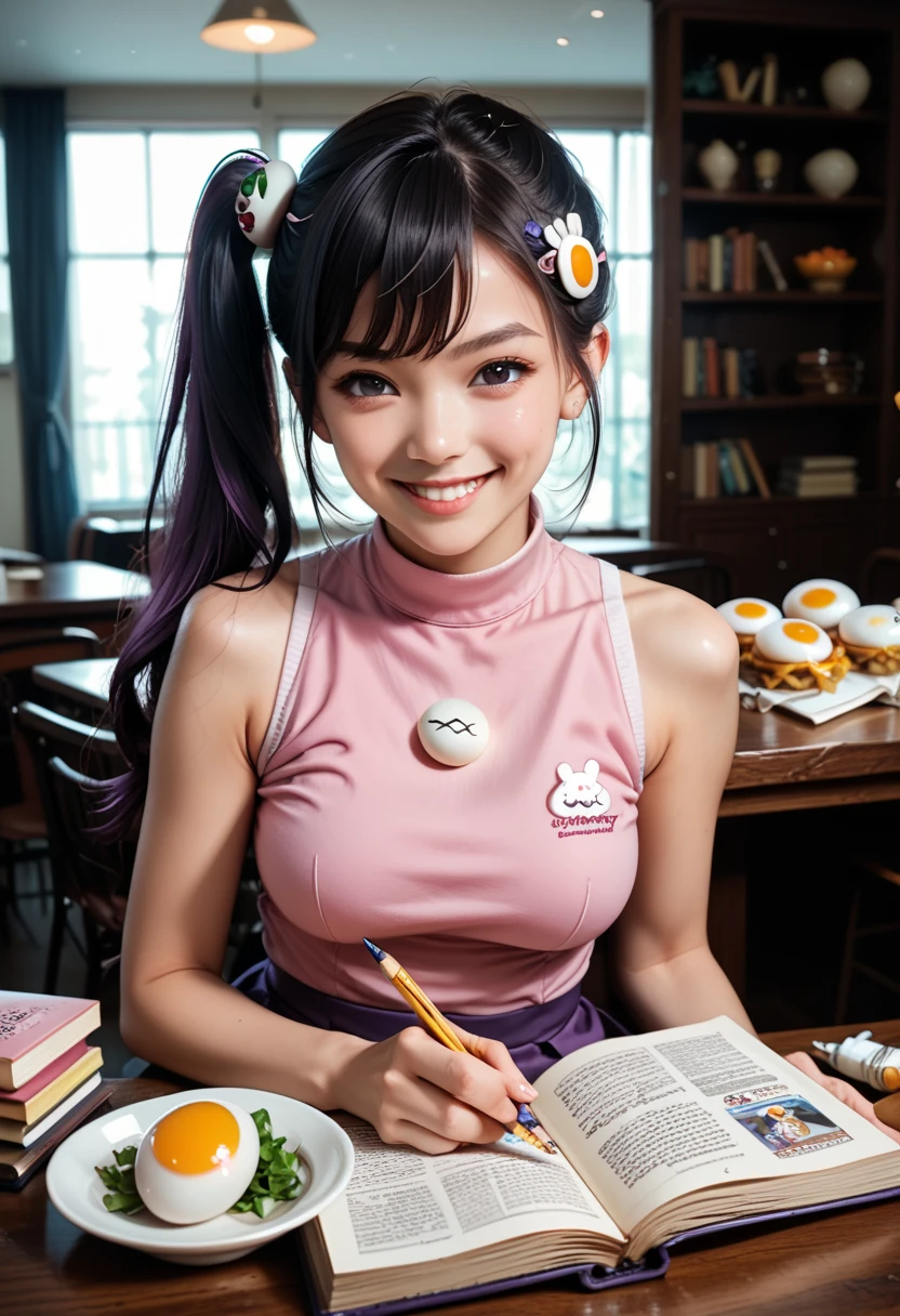 masterpiece, 1girl, medium breasts, solo, araragi karen, hair ornament, egg hair ornament, side ponytail, black hair, food-themed hair ornament, fried egg, looking at viewer, egg (food), long hair, (black eyes:1.1), purple skirt, sleeveless, pink shirt, homework, books, holding pencil, smirk
