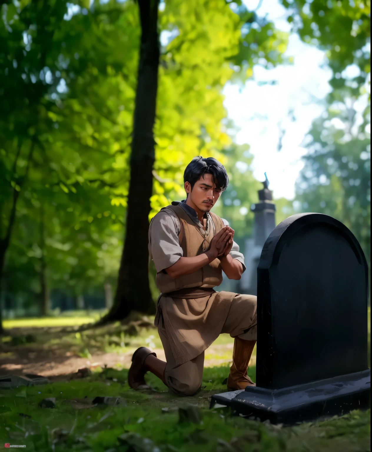 masterpiece, Highly detailed, super realistic, 4k, 8k,
detailed background, detailed face,
(Ancient Incan style),
1man, solo,
(25-year-old farmers man:1.5),
(short black hair:1.5),(dark skin),(tan),
(wearing a Poor peasant clothing),(long sleeves),
(Cloth poor pants),(Brown short boots),
(Kneeling on one knee in prayer in front of the gravestone),(full body),
(looking away:1.2),