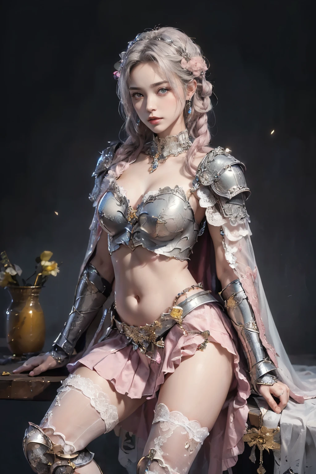 (( photoshoot)),(( Highest Resolution )),(( best quality ,8k)), ((Masterpiece)), ( Details), Photographically, high definition, girl , Detailsな美しい顔,( BEAUTIFUL CONTRASTING EYES ),(( perfect anatomy )), Medium silver hair ,loose braids , hair ornament having alcohol together , will brush up his hair,((Armor adorned with countless jewels:1.5)),(clavicle,belly button, thighs:1.3),( Wakino :1.3),(lace cape:1.5),(((Align your legs loosely :1.3))),( white ruffle skirt with pink logo :1.3),