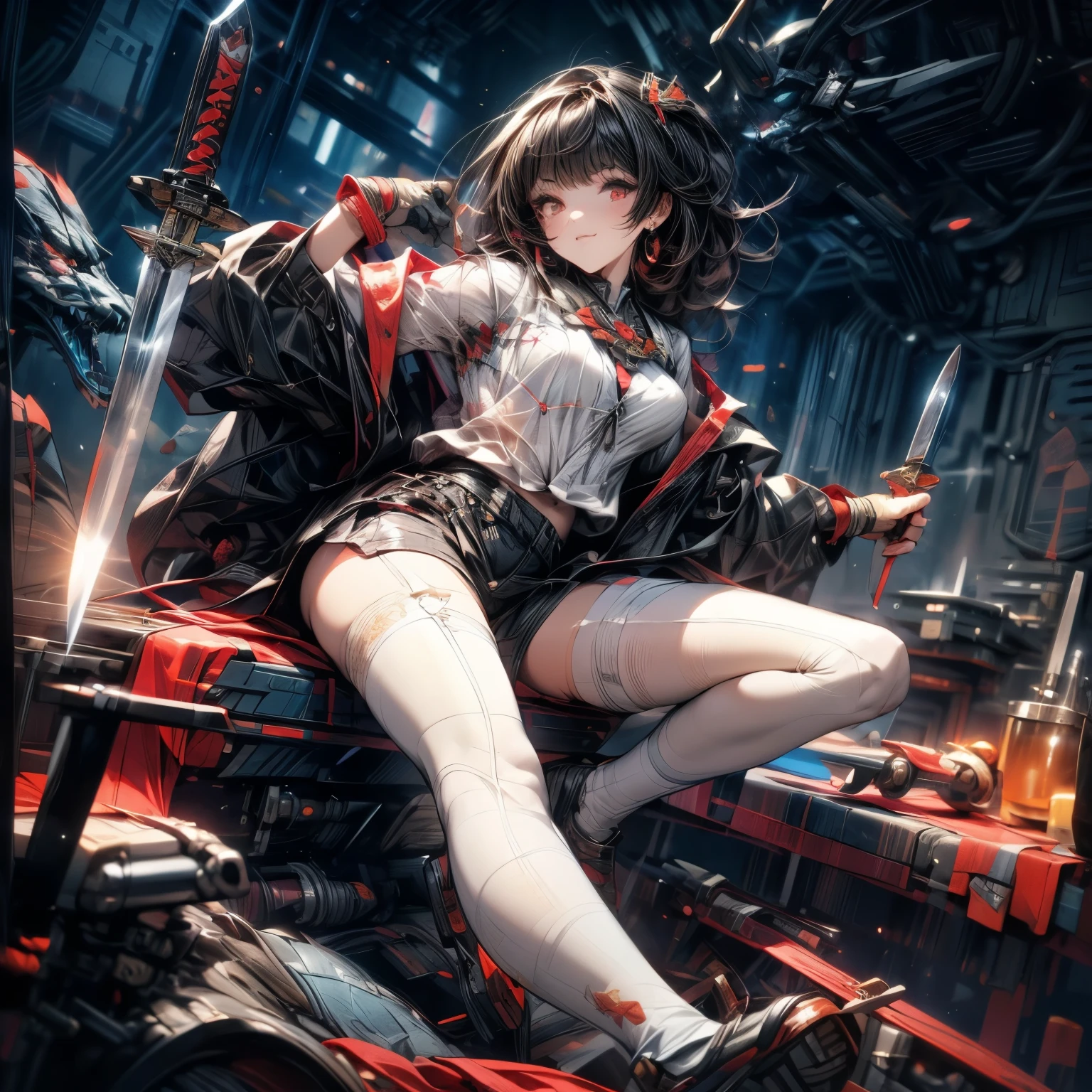 (Long legs:1.5)upskirt with,(Beauthful:1.2)ancient wind,(A dark-haired:1.2)ponytailhair。