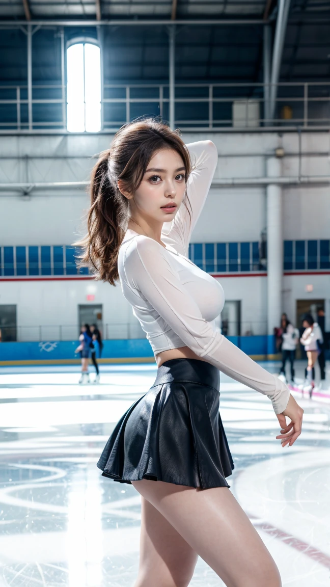 1 female、(super beautiful)、(beautiful face:1.6)、(detailed face:1.5)、(fine eyes:1.1)、(detailed lips:1.1)、(detailed nose:1.1)、(brown hair)、(Doing figure skating)、(she'He's the only one skating at the rink.:1.2)、(anatomically correct movements:1.3)、(red costume)、(White panties under the skirt:1.2)、(Clothes:1.5)、(skating rink with spectators)、(At SFW:1.5)