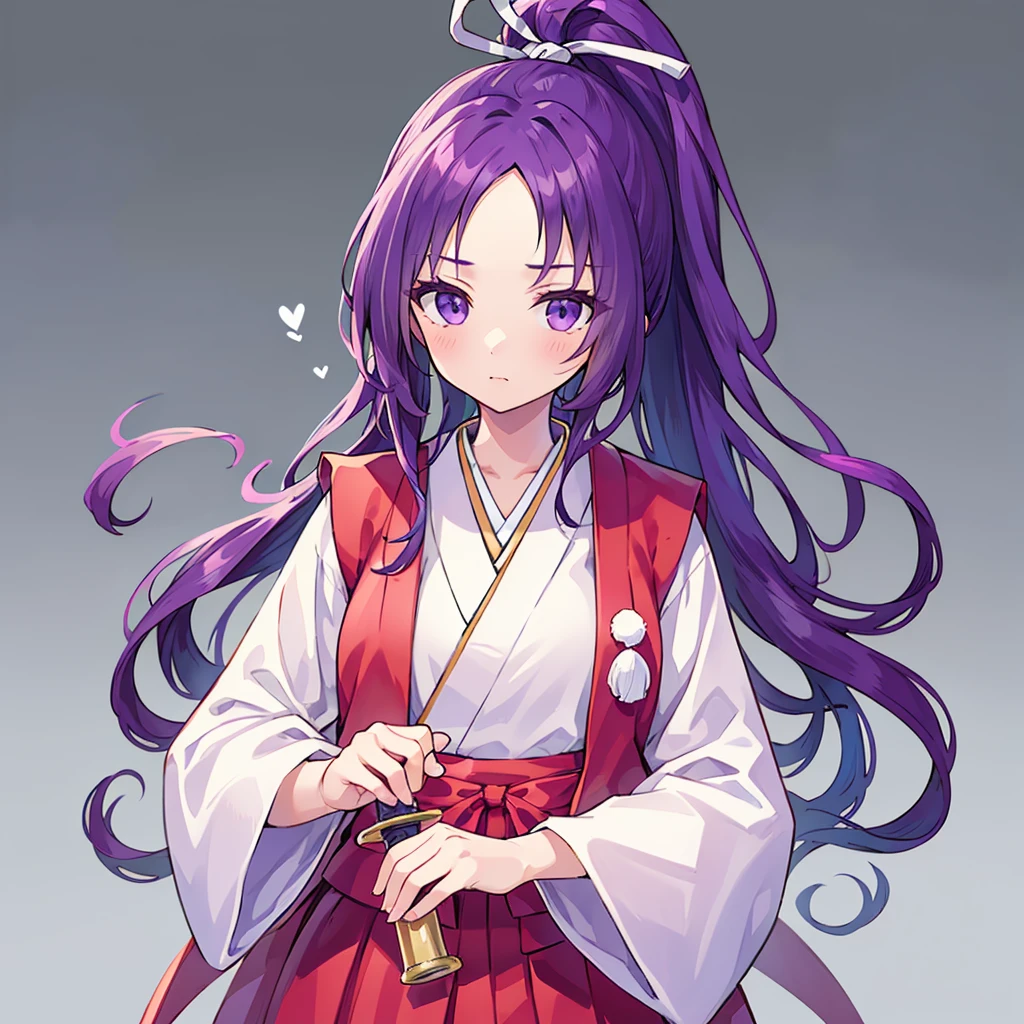 this is a picture of a girl dressed in a long gown with a sword, clean line drawings, ultra cute girl, ultra cute face, ultra detailed eyes, ultra detailed hair, ultra cute, ultra beautiful, ((high end)), (UHD picture), (best quality,4k,8k,highres,masterpiece:1.2), top-quality(​masterpiece), top-quality, ultra-detailed, highly detailed texture, intricate details, high quality textures, masterpiece, best quality, perfect quality, perfect anatomy, perfect body, perfect symmetrical face, perfect hands, perfect feet, (two arms:1.2), (two legs:1.2), (five fingers each:1.2), (perfect joint:1.2), perfect joint movement, precise fingers and hands, 1 beautiful girl, 1 girl, alone, solo, , , ((())), ((ish)), (Best Quality, hight resolution), extremely detailed and lifelike, Vibrant colors, simple background, very long hair, forehead visible bangs, hair flaps, purple hair, ponytail, well-formed face, purple eyes, japanese clothes, samurai, open vest, red vest, white kimono, long sleeves, wide sleeves, haori, long hakama, wide hemmed hakama, hakama pants, long trousers, sword, katana, holding katana, weapon