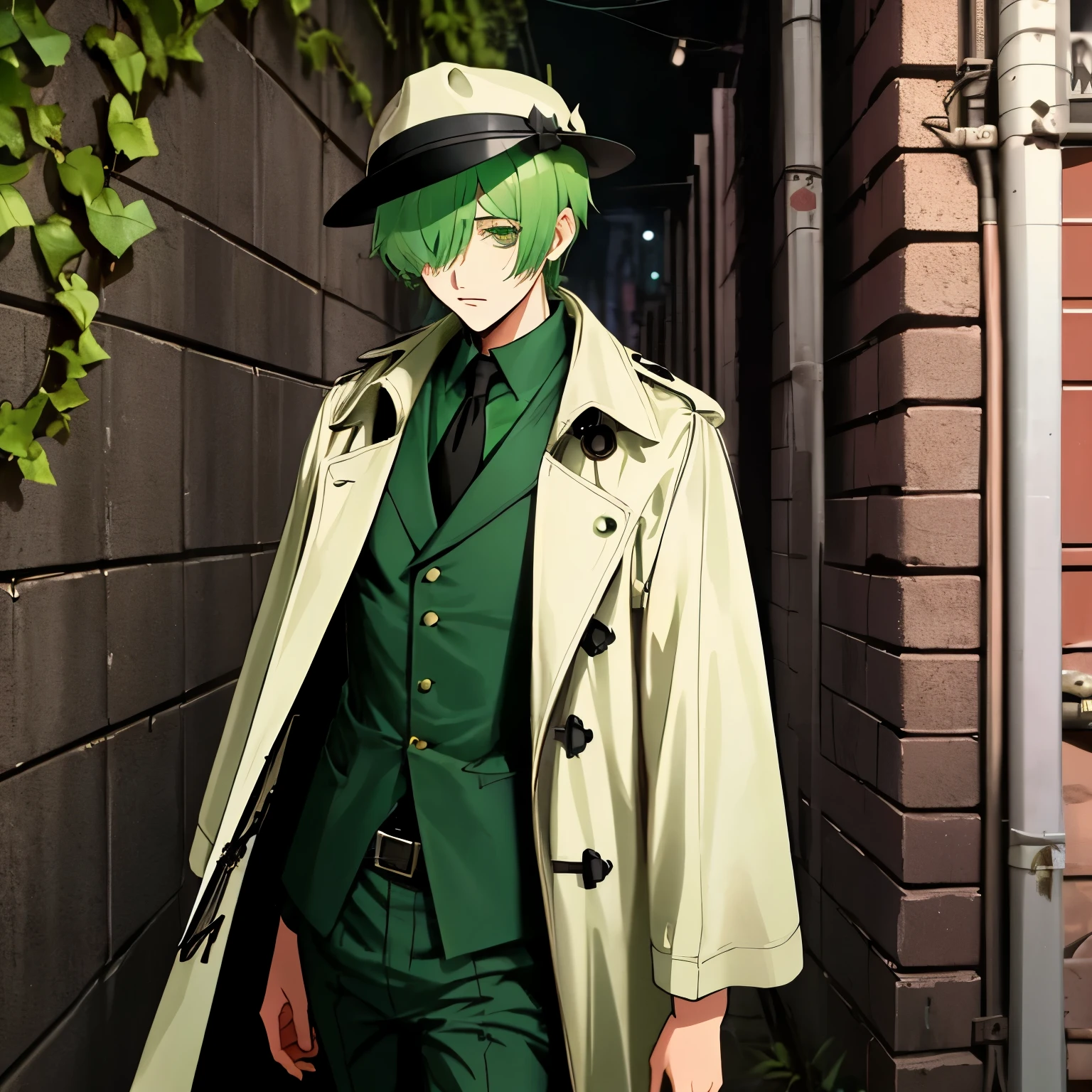  green ivy hair, short cut, green eyes, side part, hair over one eye, thin eyebrows, expressionless, male, droopy eyes, solo, slim, trench coat, Fedora hat, pants, dark fantasy, cult party kei, cyberpunk, outside, on the back alley