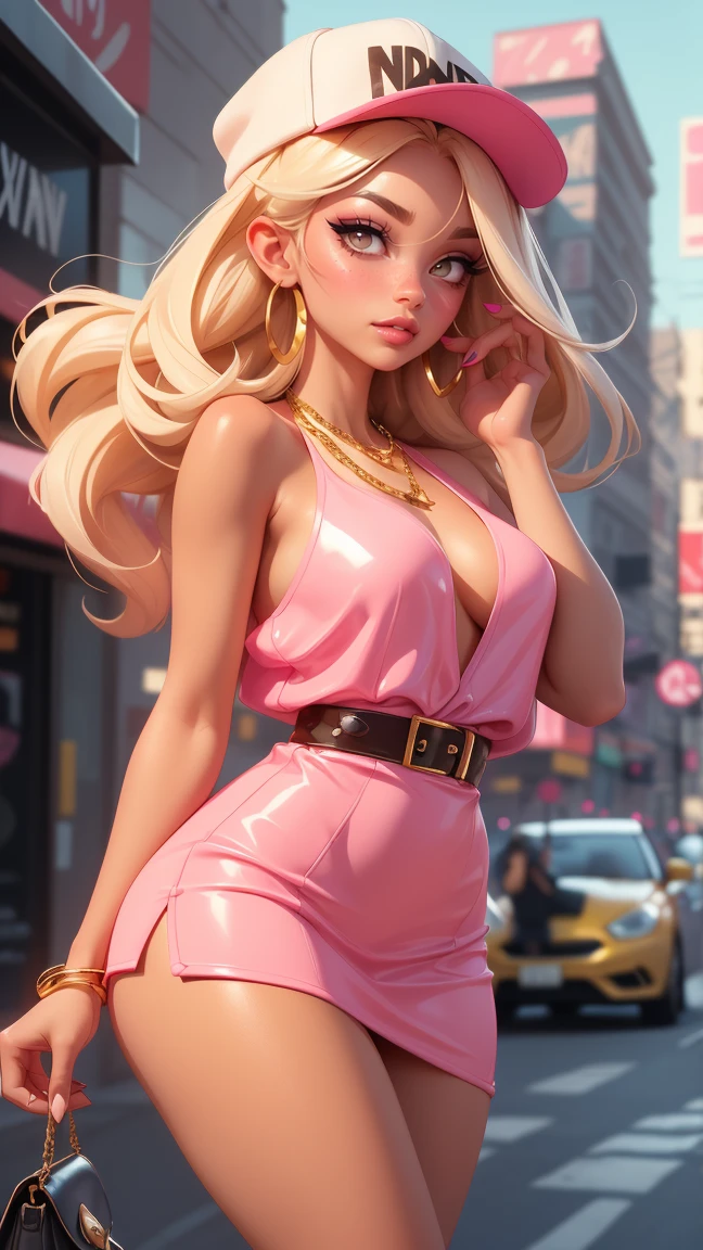 (best quality:1.3), (4K quality),masterpiece, best quality, high res, detailed, (Detailed face:1.2), (Detailed eyes:1.2), (4K quality), mature and alluring 36 year old woman, standing at approximately 5'1" tall, has long blonde hair, wavy hair, has tan-olive skin, light green eyes, has a beautiful smile, ((slim, petite)), her breasts are C-cup, (Is wearing a yellow off-shoulder top, glossy black leggings, emerald earrings, silver bracelets and white sneakers), is wearing pink makeup, is wearing red lipstick, she's holding a cell phone