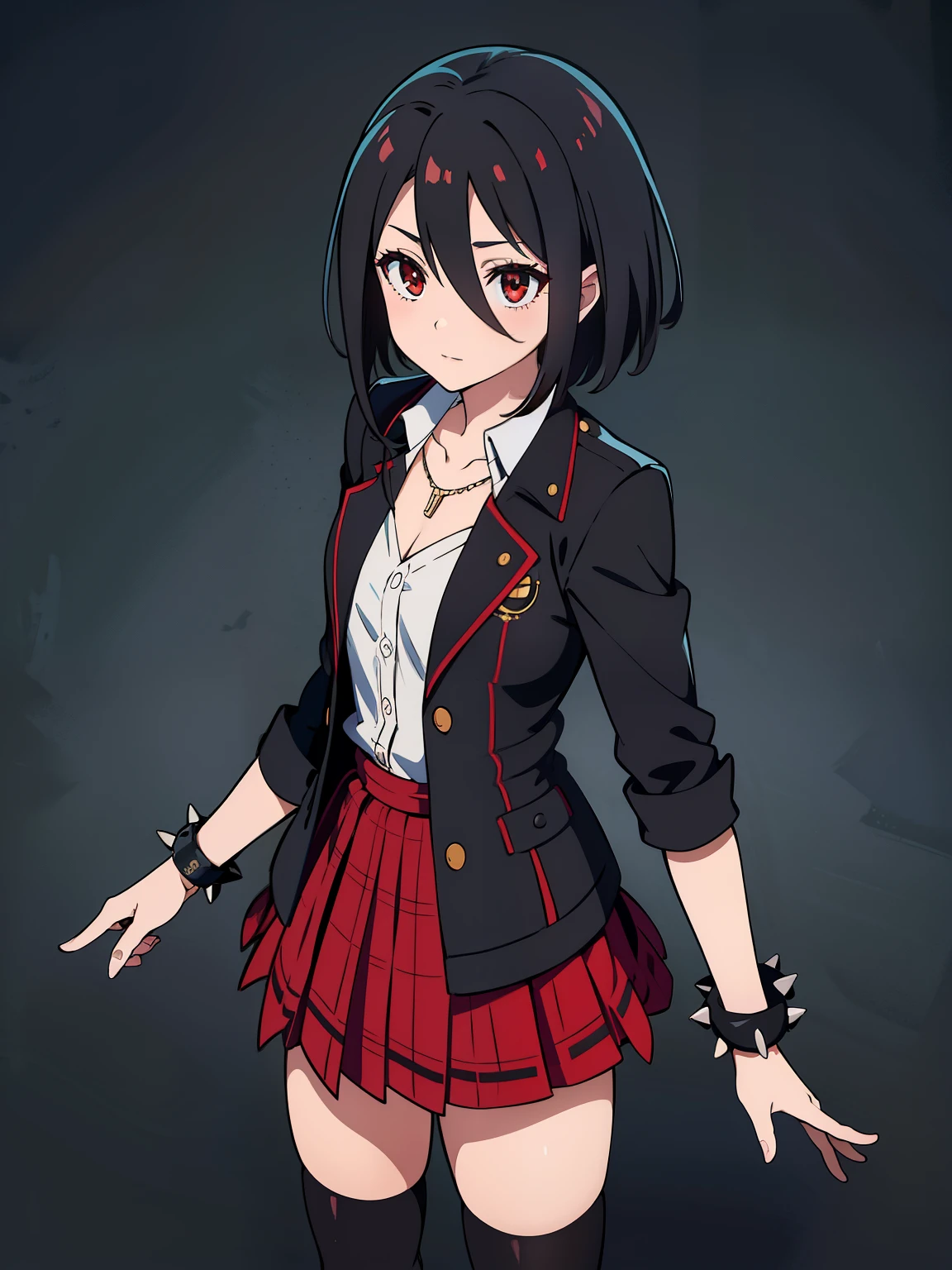 (high-quality, breathtaking),(expressive eyes, perfect face) 1girl, female, solo, teenager, black color hair, red highlight in hair, red eye color, short hair length, fluffy spiky hair, Symmetrical Eyes, portrait, positive expression, grey background, narrow eyes, fserah, fingerless glove, dress shirt, single thighhigh, plaid-pleated skirt lined with black lace, jacket, necklace, bracelet
