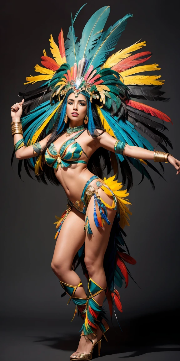 cinematographic, 4K High Definition, best of the best, The most beautiful beautiful woman, Amazonian Princess, headdress of parrot and macaw feathers, feather crown, lush body, perfectbody, lush body, painted body, ssmile