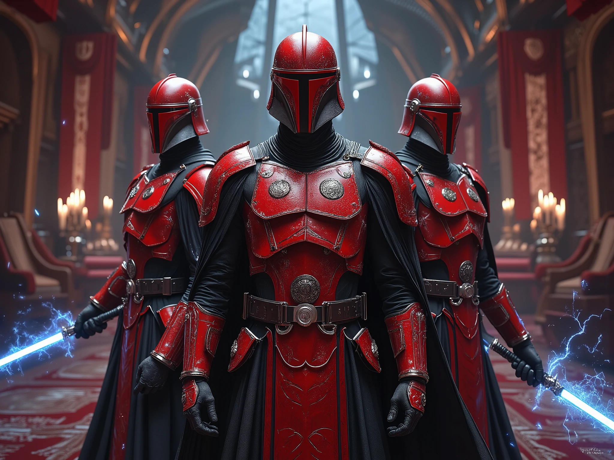 Imagine, Create a vivid depiction of three Imperial Praetorian Guards from the Star Wars universe, standing proudly within the grandeur of Emperor Palpatine's throne room on the Galactic Empire's capital planet, Byss. Focus on intricate details:

1. *Armor*: Intricately designed red and black Imperial Royal Guard armor, with precise craftsmanship and Imperial insignia.
2. *Facial Expressions*: Stern, loyal, and alert, reflecting unwavering dedication to the Emperor.
3. *Background*: Opulent, high-ceilinged throne room architecture with subtle lighting highlighting the guards, Imperial banners, and Palpatine's imposing throne.

# Weapon Details
1. *Guard 1*: Laser sword (similar to a lightsaber) with:
- Slim, Imperial-style hilt
- Vibrant, pulsing blue blade
- Energy emanating from the sword
1. *Guard 2*: Laser spear with:
- Elongated, high-tech shaft
- Glowing red spearhead
- Reflective Imperial surface detailing
1. *Guard 3*: Laser whip with:
- Flexible, glowing blue tendrils
- Crackling electricity
- Ergonomic, Imperial-designed handle

# Additional Details
1. *Lighting*: Soft, ambient glow emphasizing armor, weapons, and Imperial architecture.
2. *Composition*: Symmetrical, emphasizing unity and strength.
3. *Mood*: Powerful, regal, imposing, and ominous.
4. *Color Scheme*: Primarily red, black, and silver, reflecting Imperial aesthetics.