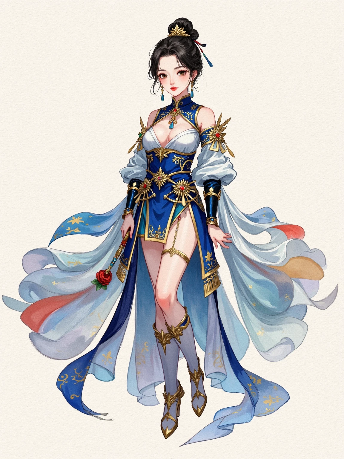 watercolor， large-scale smudging ，Gradient，illustration，illustration， solid color background ，cute， mature， Chinese style，gorgeous，grace，Full of creativity ，，pride，1 Girl，Knight costume ，Sexy，charming， overall color uniformity， art，advanced， painting design 