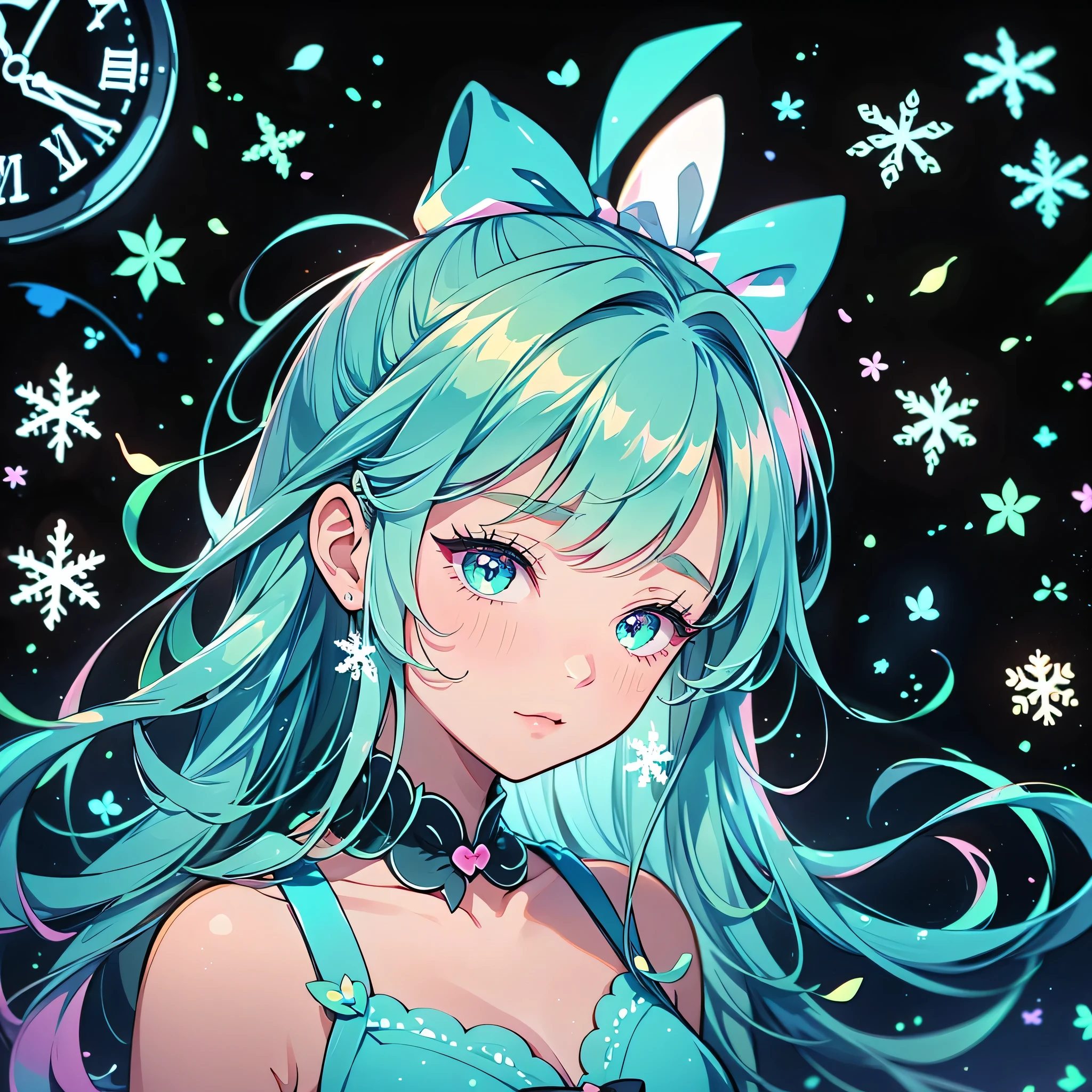 from the side 1 girl , chibi、 Fantasy 、 cute world、Trump 、 Alice in Wonderland、clock、 best detail、 cute、 neon color gradient hair color、 snowflake 、 Fantasy 、 Absurd、 neon lights enhance the cuteness、 the cutest picture in the world、 Fantasy 、 Alice in Wonderland、
