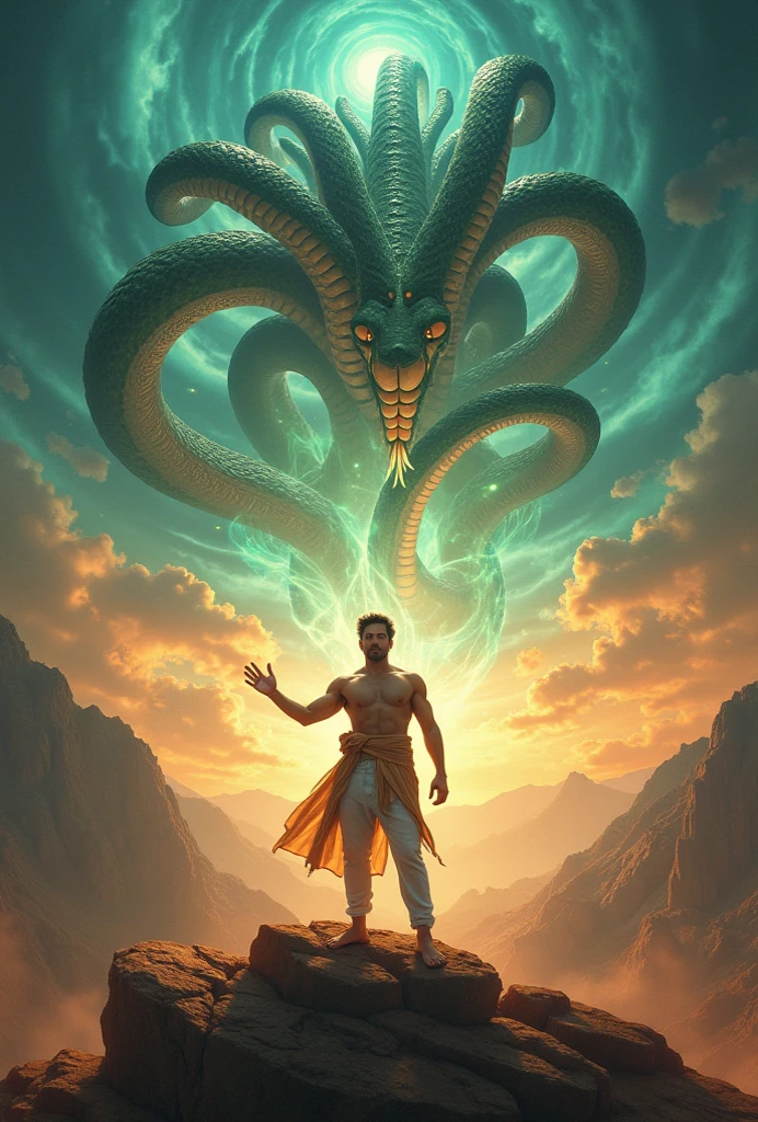 Lord krishna and 100 headed huge snake in large ocean dark theme 
