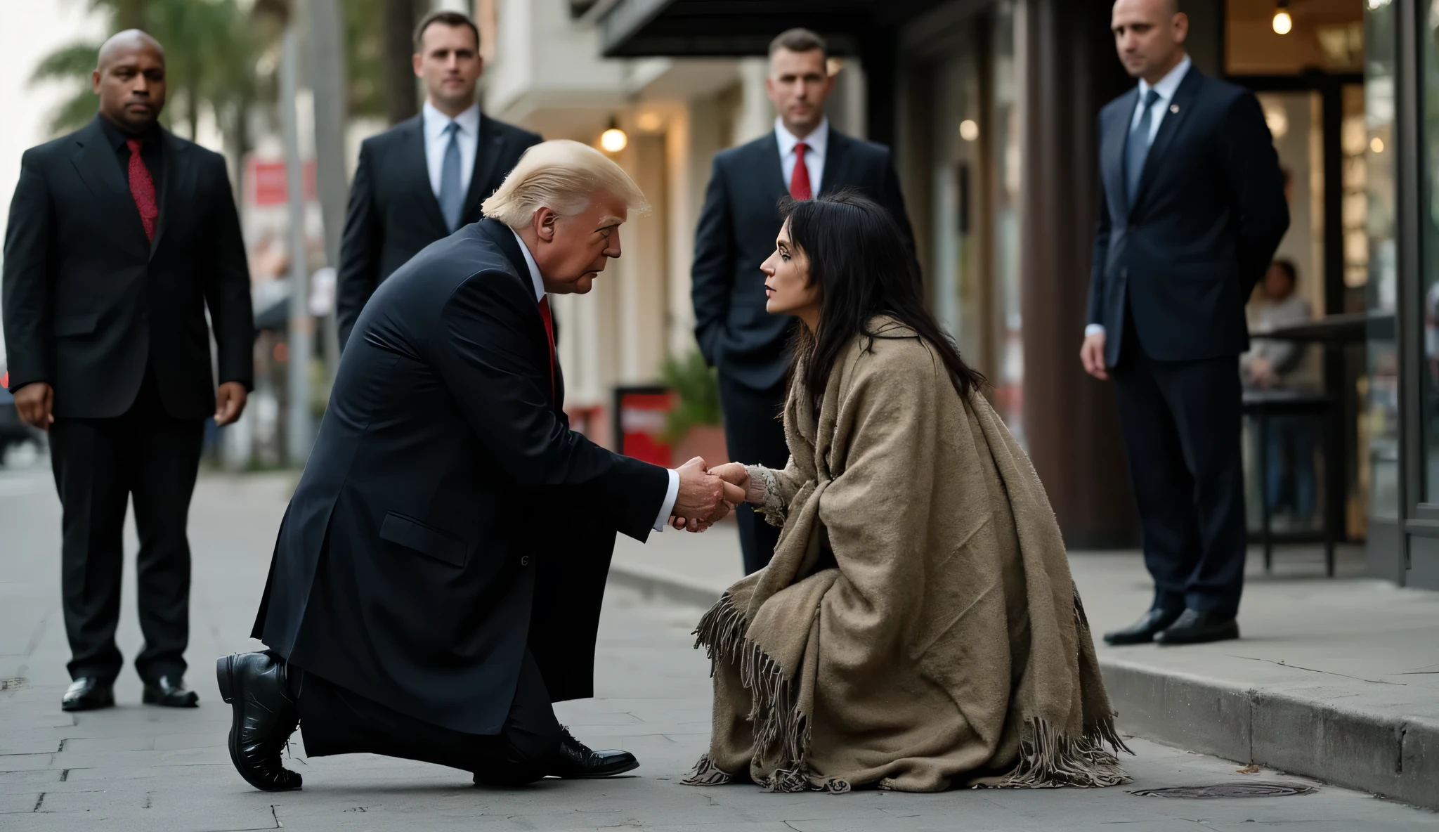 donald trump in a black coat and red tie kneeling on the pavement in Los Angeles in front of a shop, in front of him a sad looking 30 year old former veteran woman with shaggy dark hair, wrapped in tattered blankets. the two look into each other's eyes as they shake hands. in the background 3 smartly dressed bodyguards 