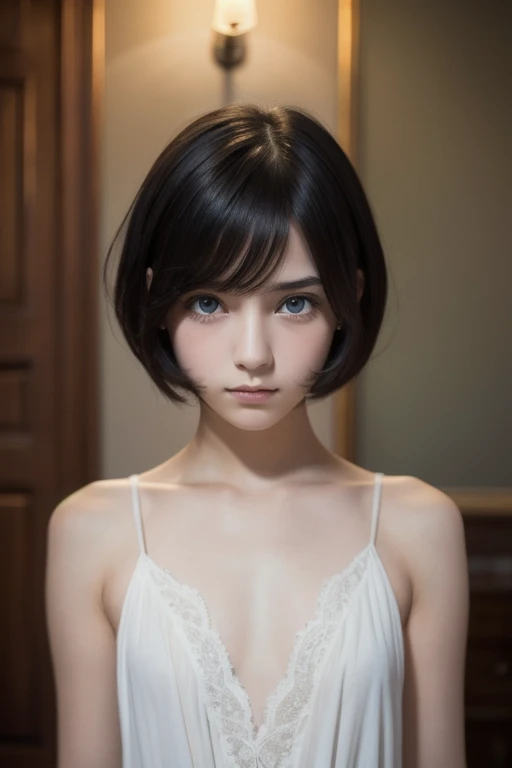  high resolution, masterpiece,  Luca Saracina,  shorthair ,  black hair, (Alone),  One Girl ,  cute,  interior ,   detailed eyes , ( dark eyes)