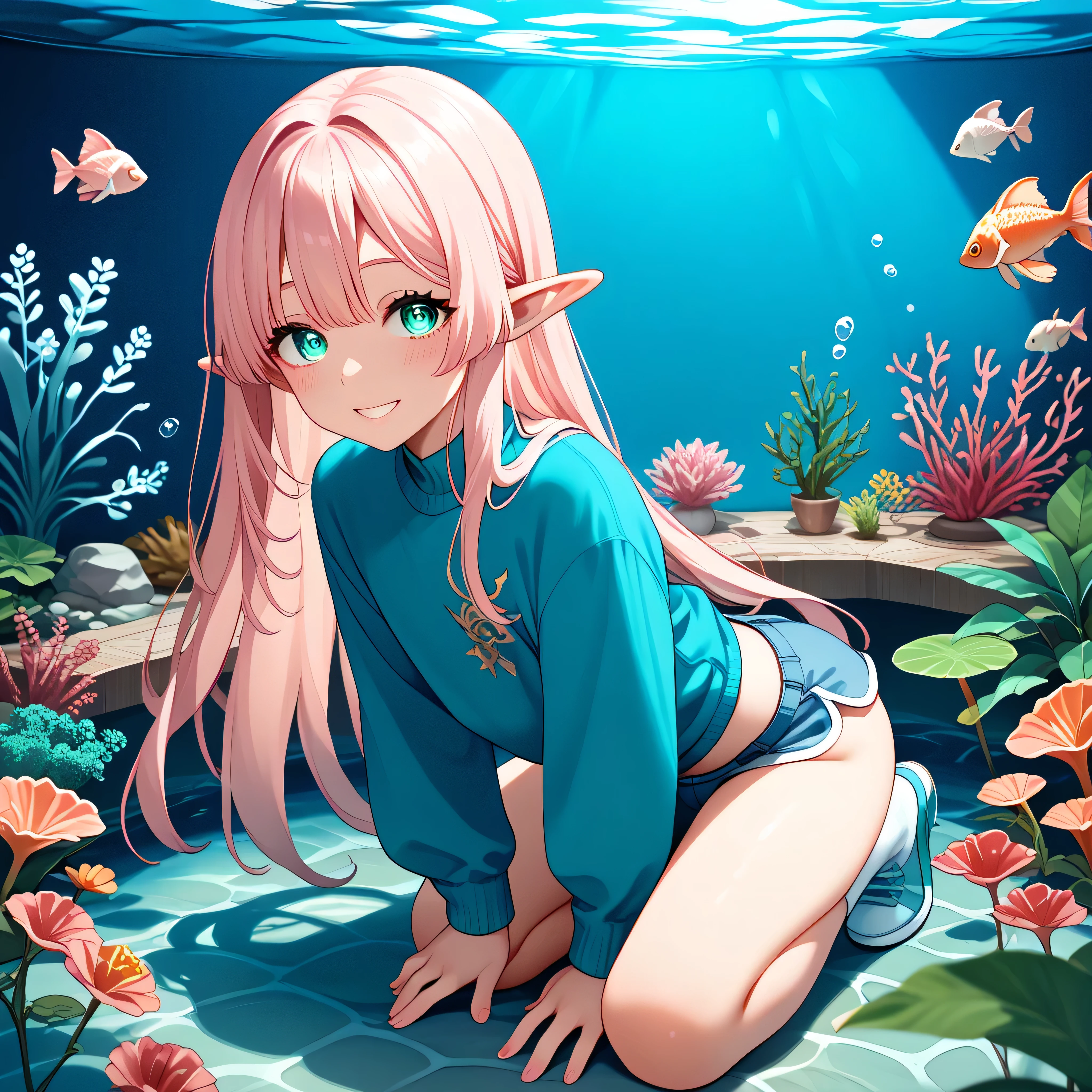 (((best quality, masterpiece))), aquarium, elf, (((25years old))), (((fake girl, otoko no ko, femboy, girly))), (((light pink long hair, turquoise_eyes))), (((crossdressing, crop top, dolphin_shorts, sneakers, knee high, bulge:0.5))), light smile, mature, uncensored